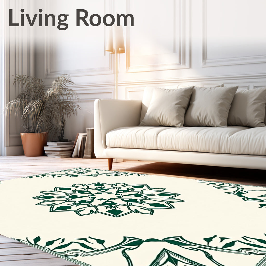 Deep Emerald Floral Mandala Border Rug