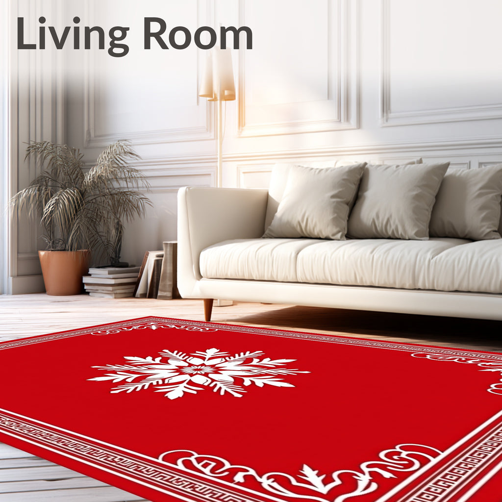 Red White Snowflake Floral Border Design Rug