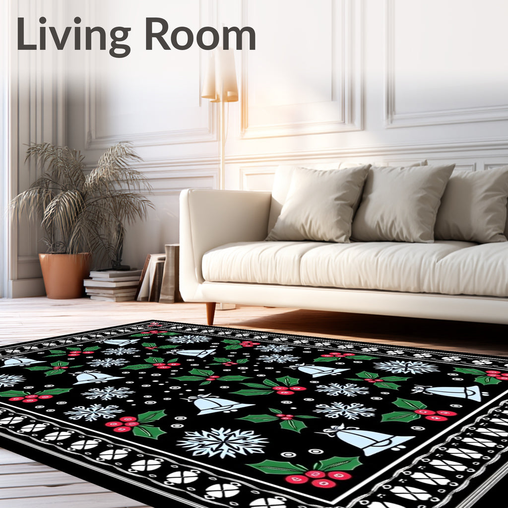 Festive Black Holly Bell Snowflake Rug