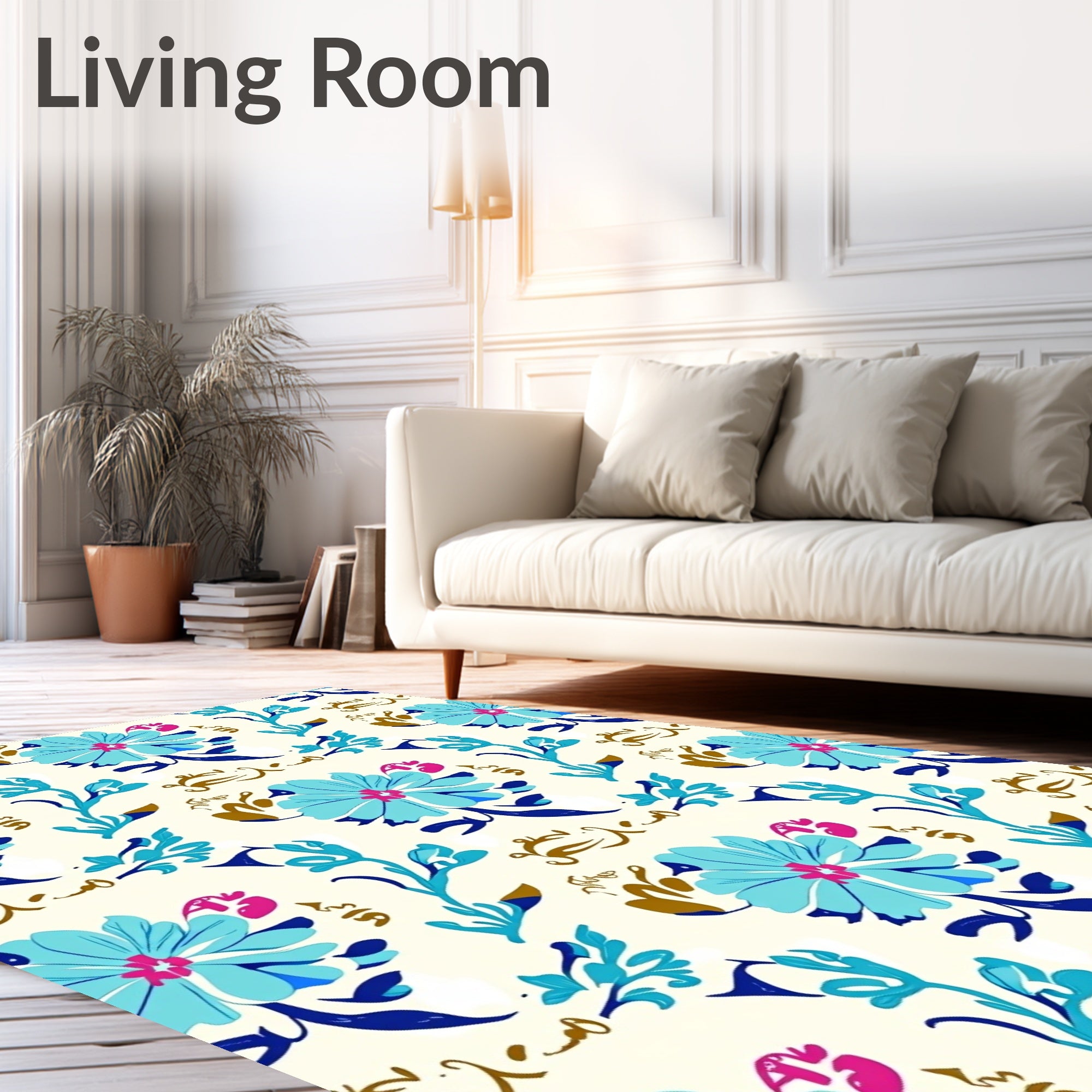 Floral Vining Patterned Blue Pink Rug