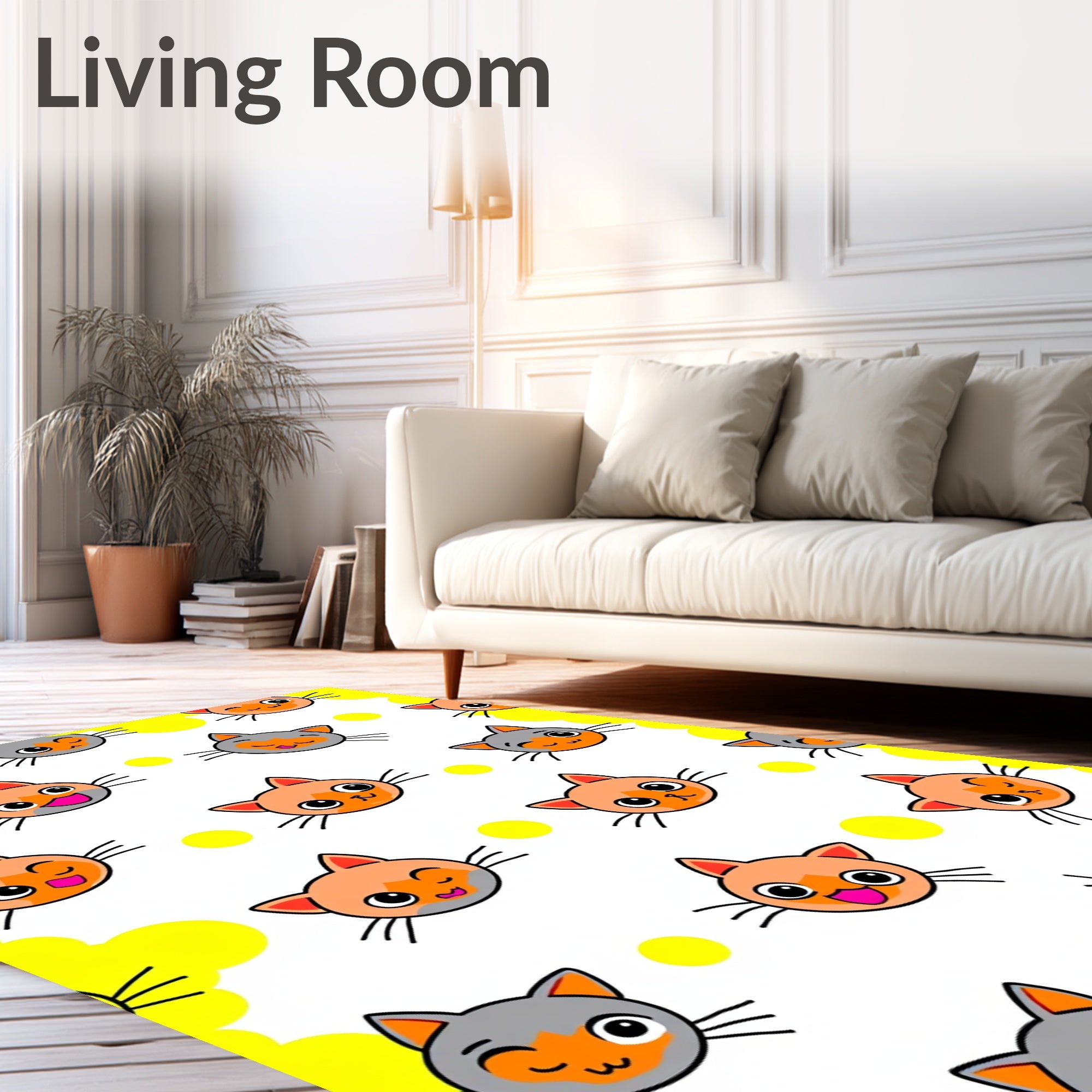 Playful Cat Faces Yellow Dot Pattern Rug