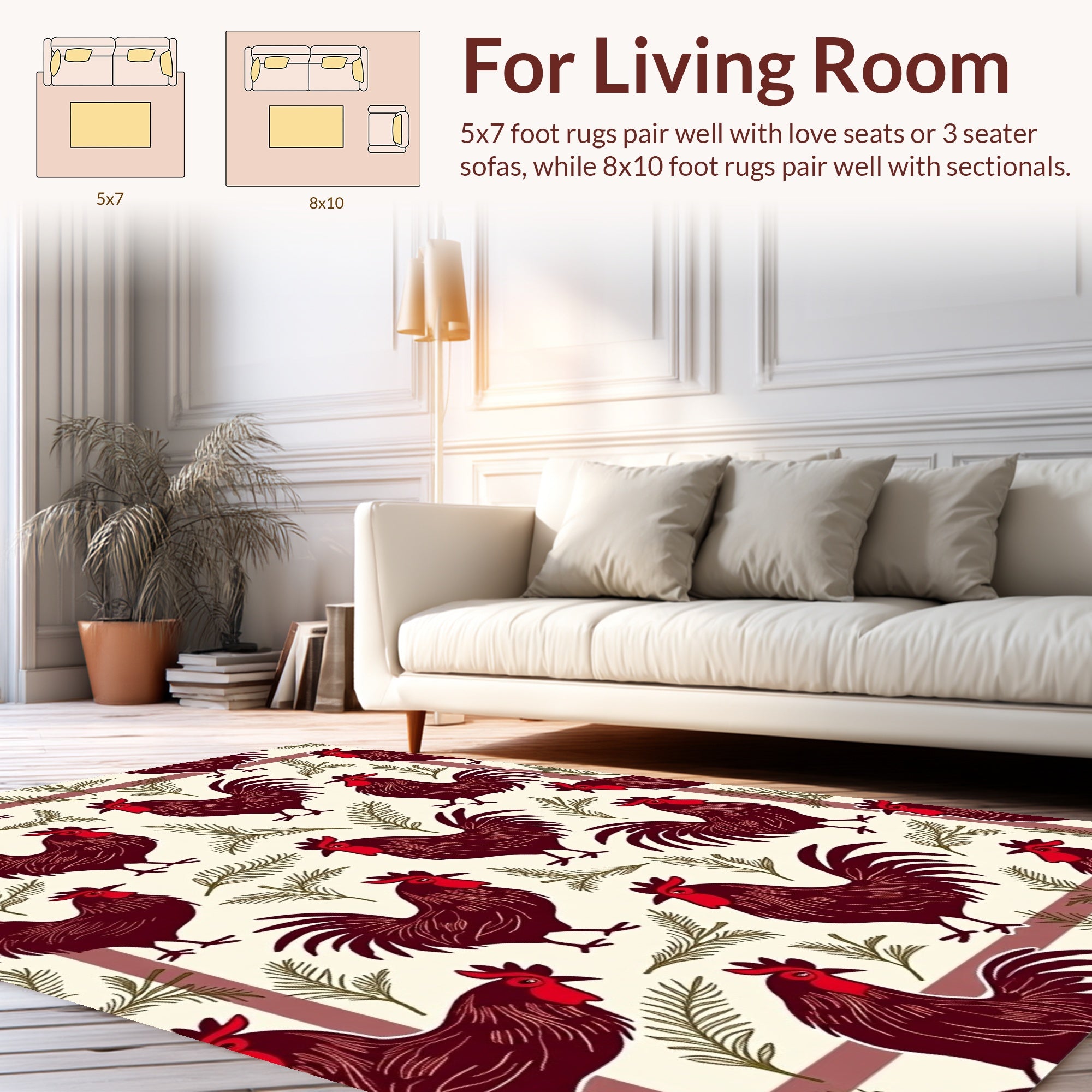 Charming Rooster Pine Sprig Pattern Rug