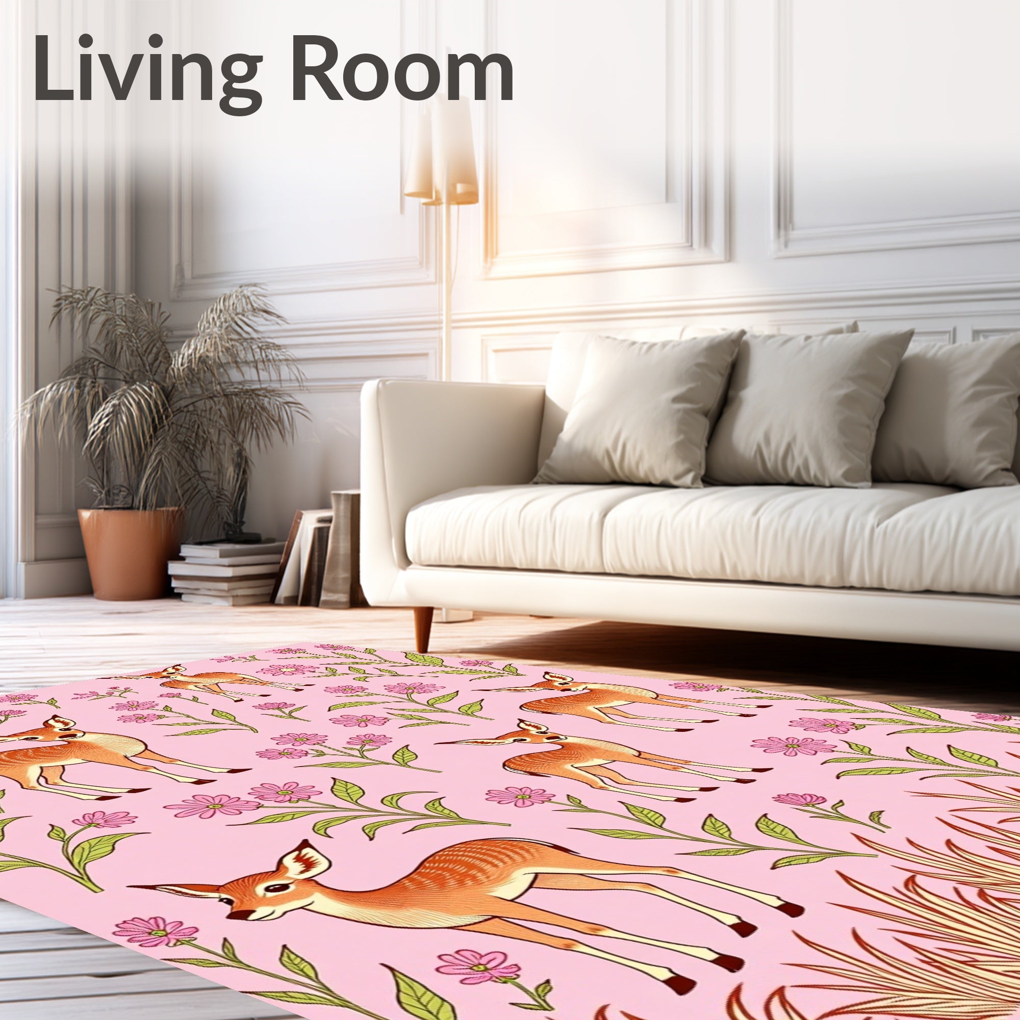 Whimsical Deer and Floral Pattern Rug