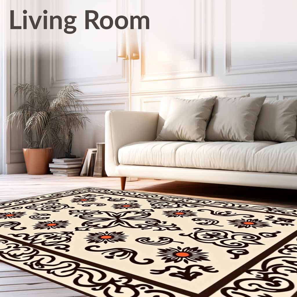 Ornate Floral Pattern Cream Brown Rug