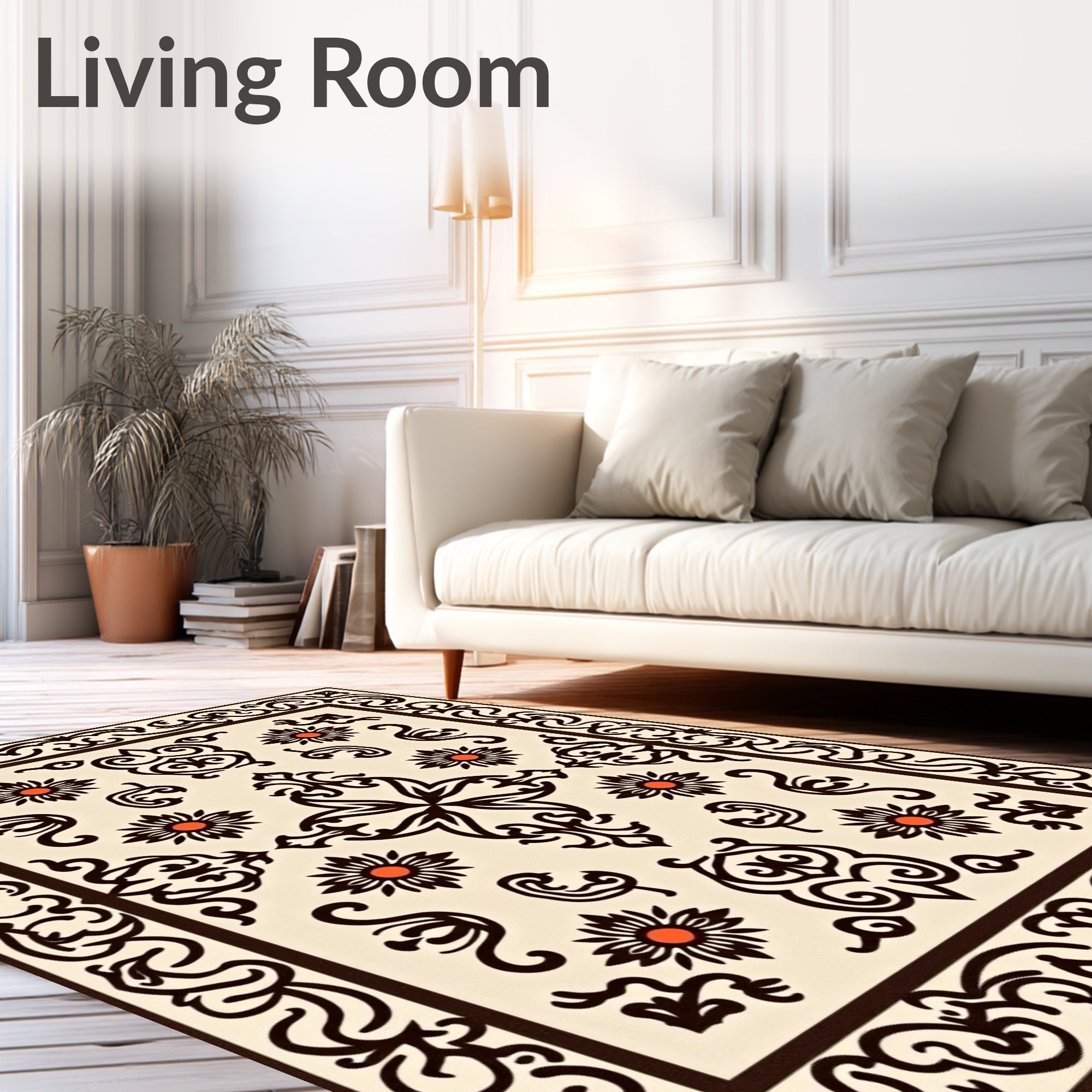 Ornate Floral Pattern Cream Brown Rug