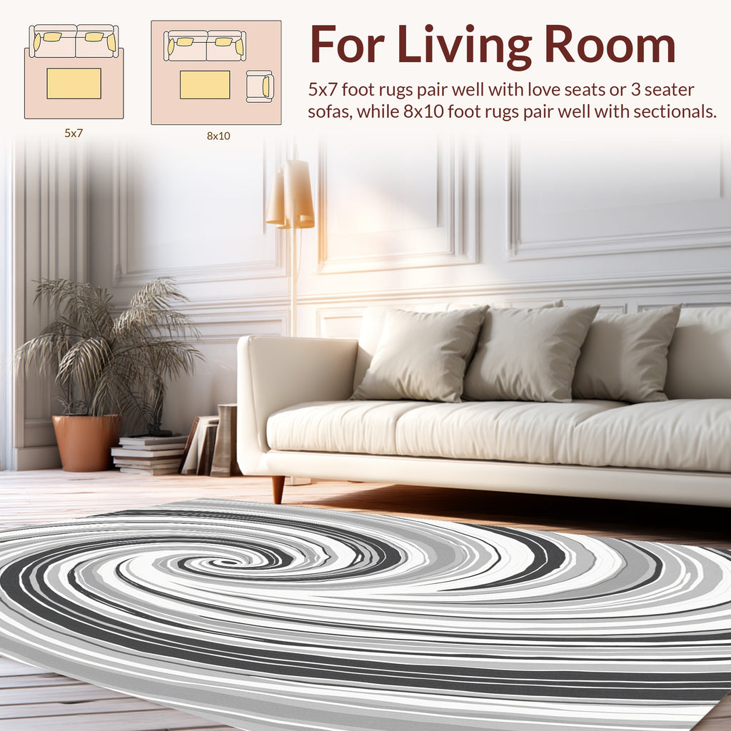 Swirling Gray Tone Striped Design Rug