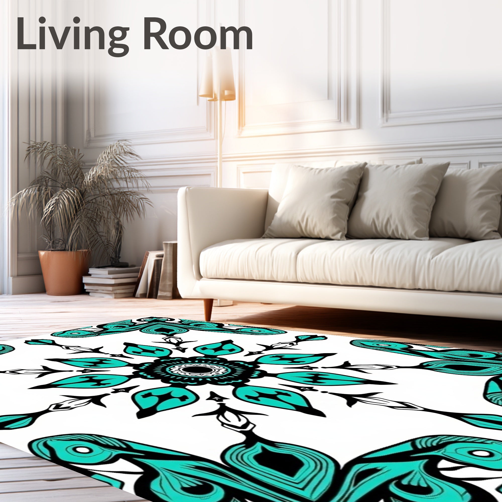 Artistic Teal Black Mandala Pattern Rug