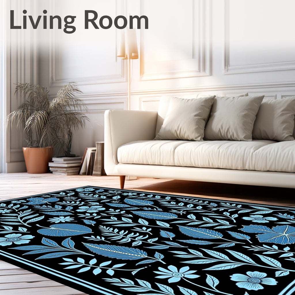 Scattered Teal Floral Botanical Composition Rug