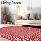 Intricate Red White Maze Design Rug