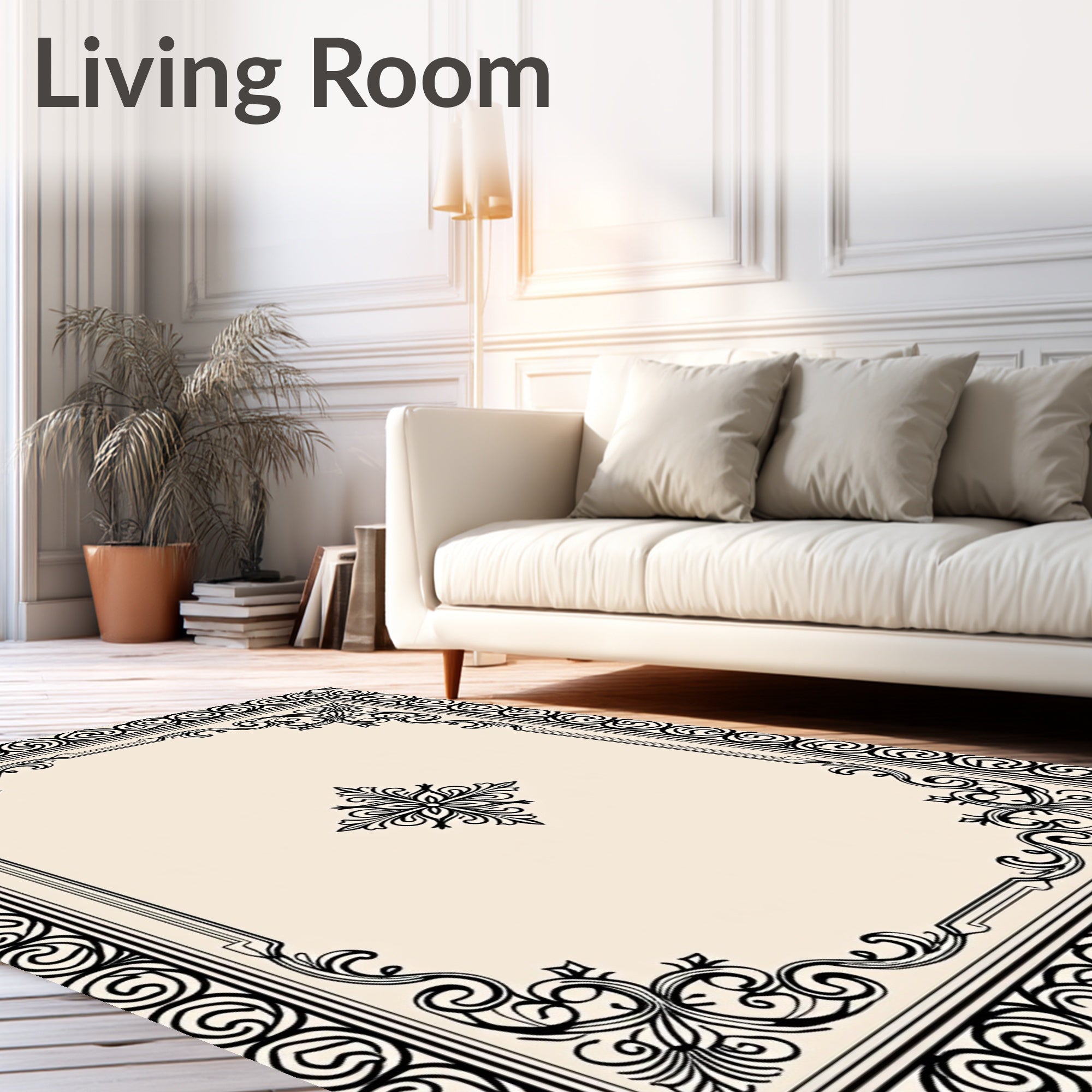 Ornate Black Swirl Floral Frame Rug
