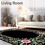 Black Floral Frame with Pink Flowers Rug