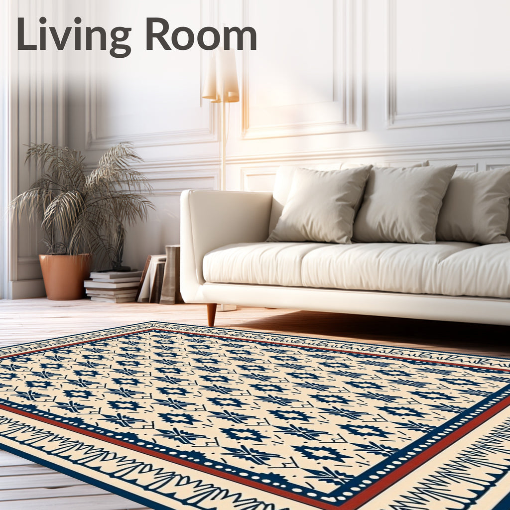 Navy Blue Geometric Ivory Tribal Rug