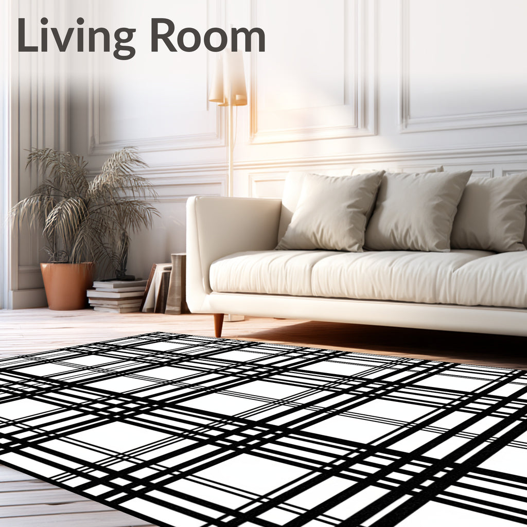 Classic Black White Grid Pattern Rug