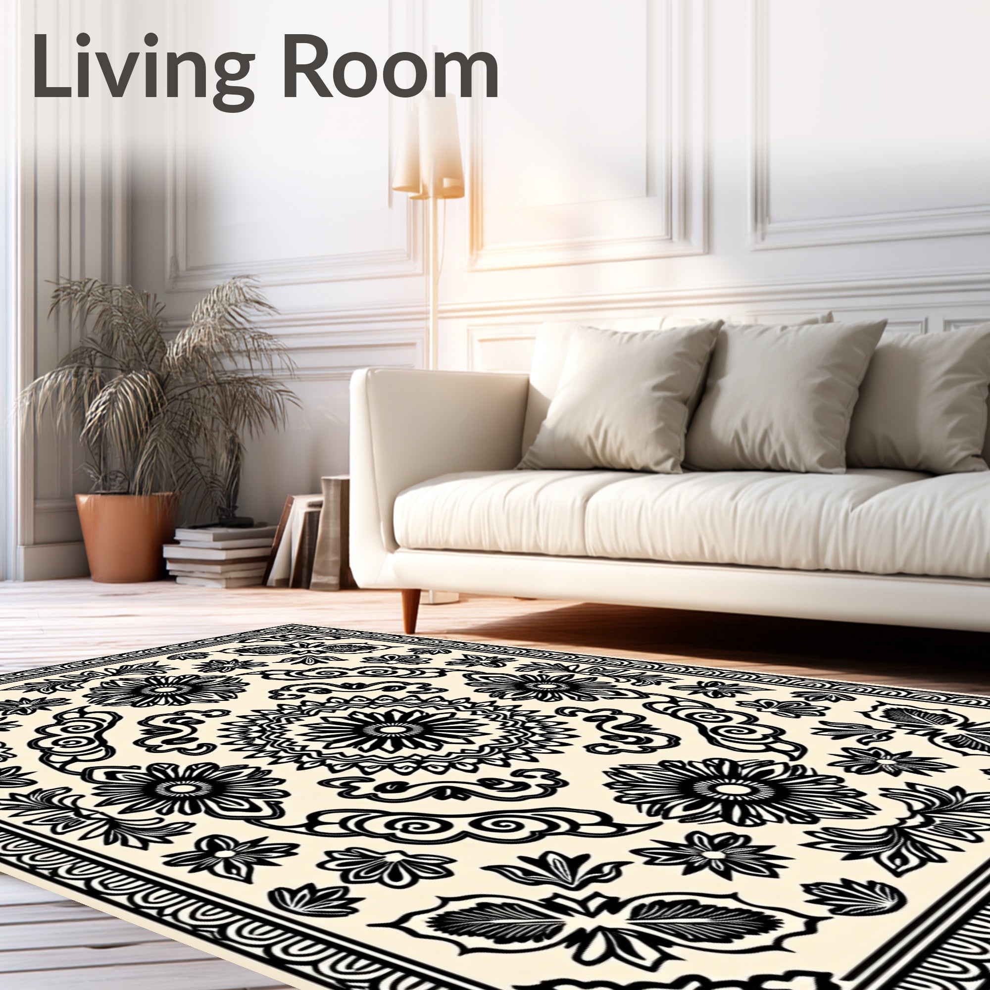 Mandala Floral Black Cream Design Rug