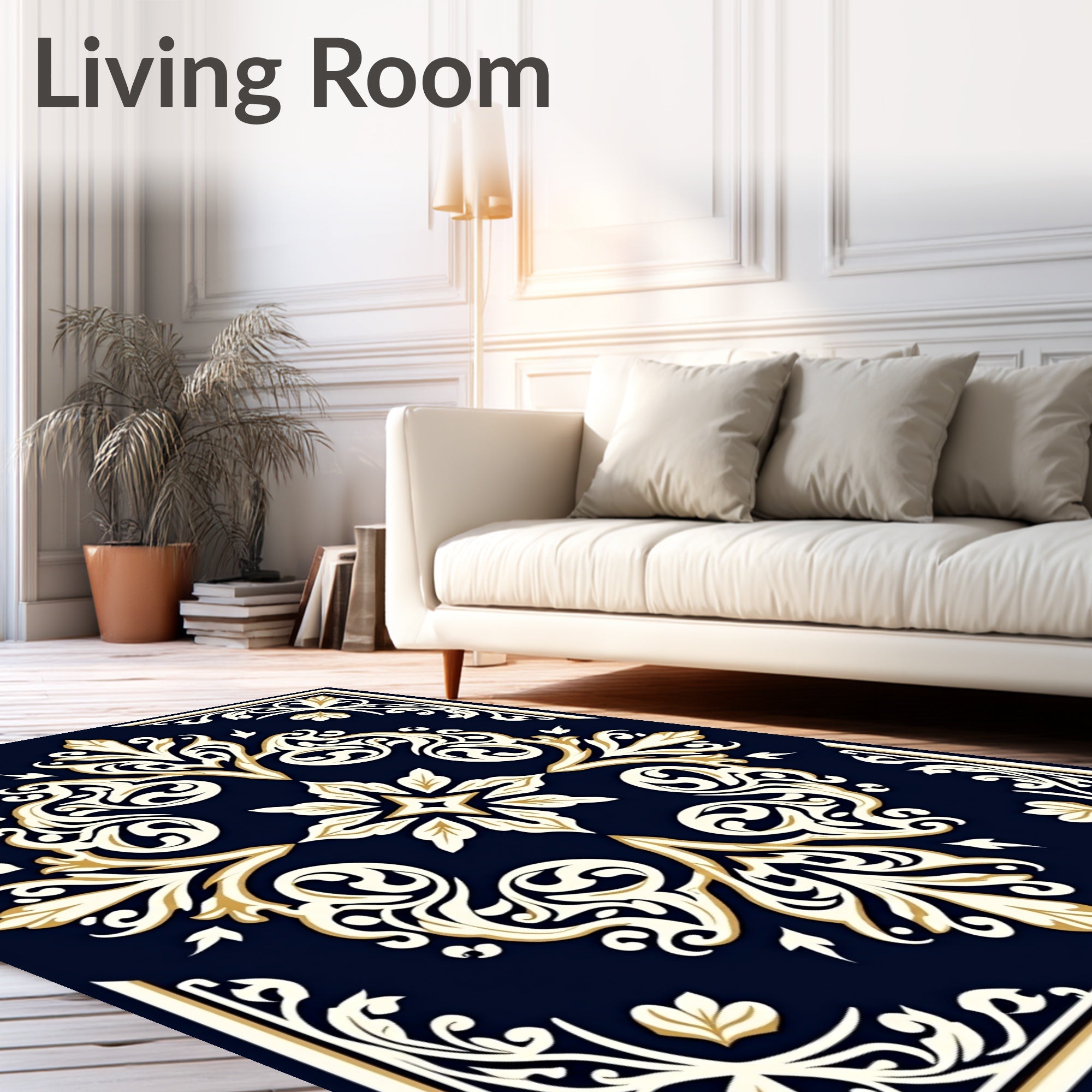 Ornamental Navy Gold Scrollwork Pattern Rug