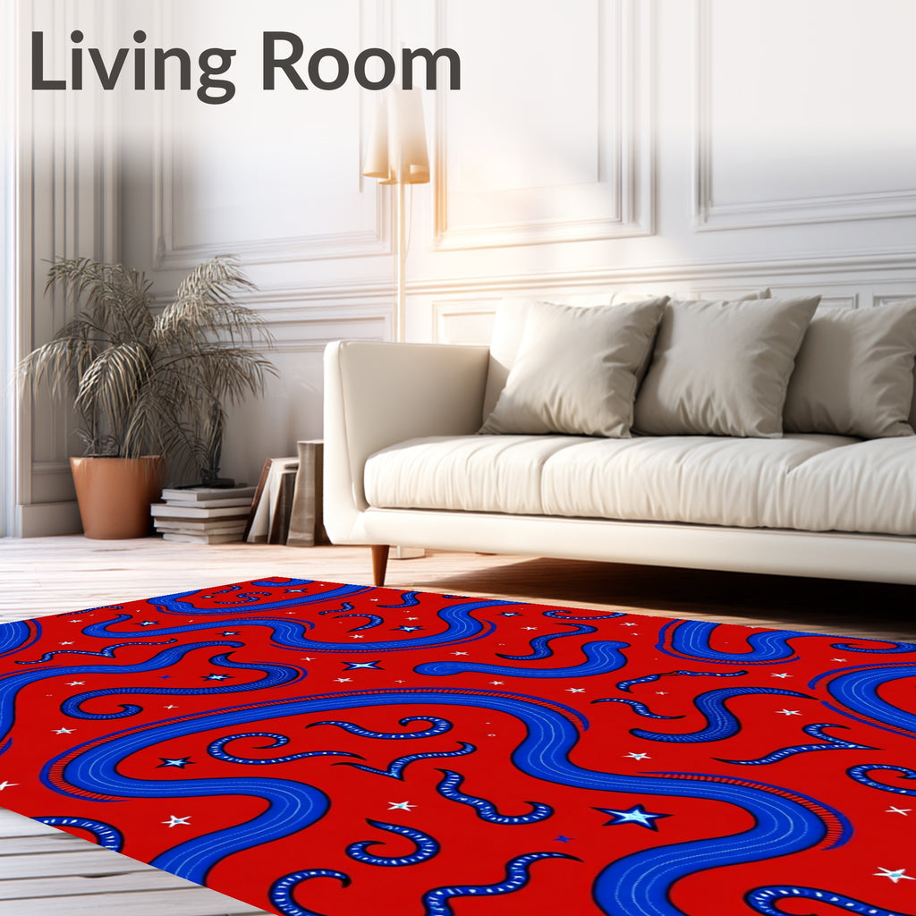 Wavy Blue Stripe Star Pattern Rug