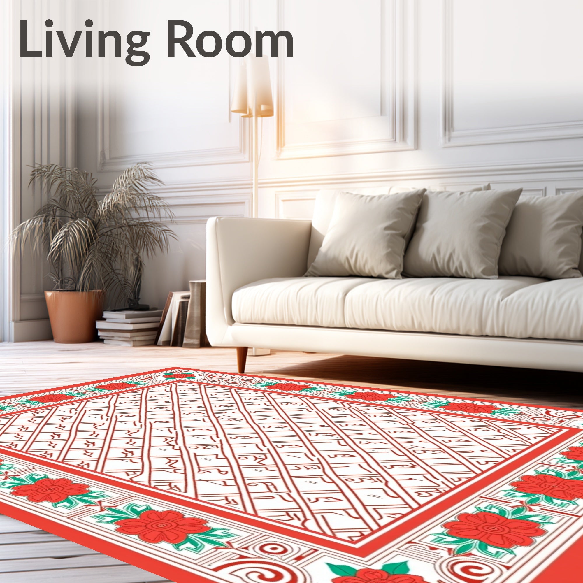 Red Floral Border Geometric Center Rug