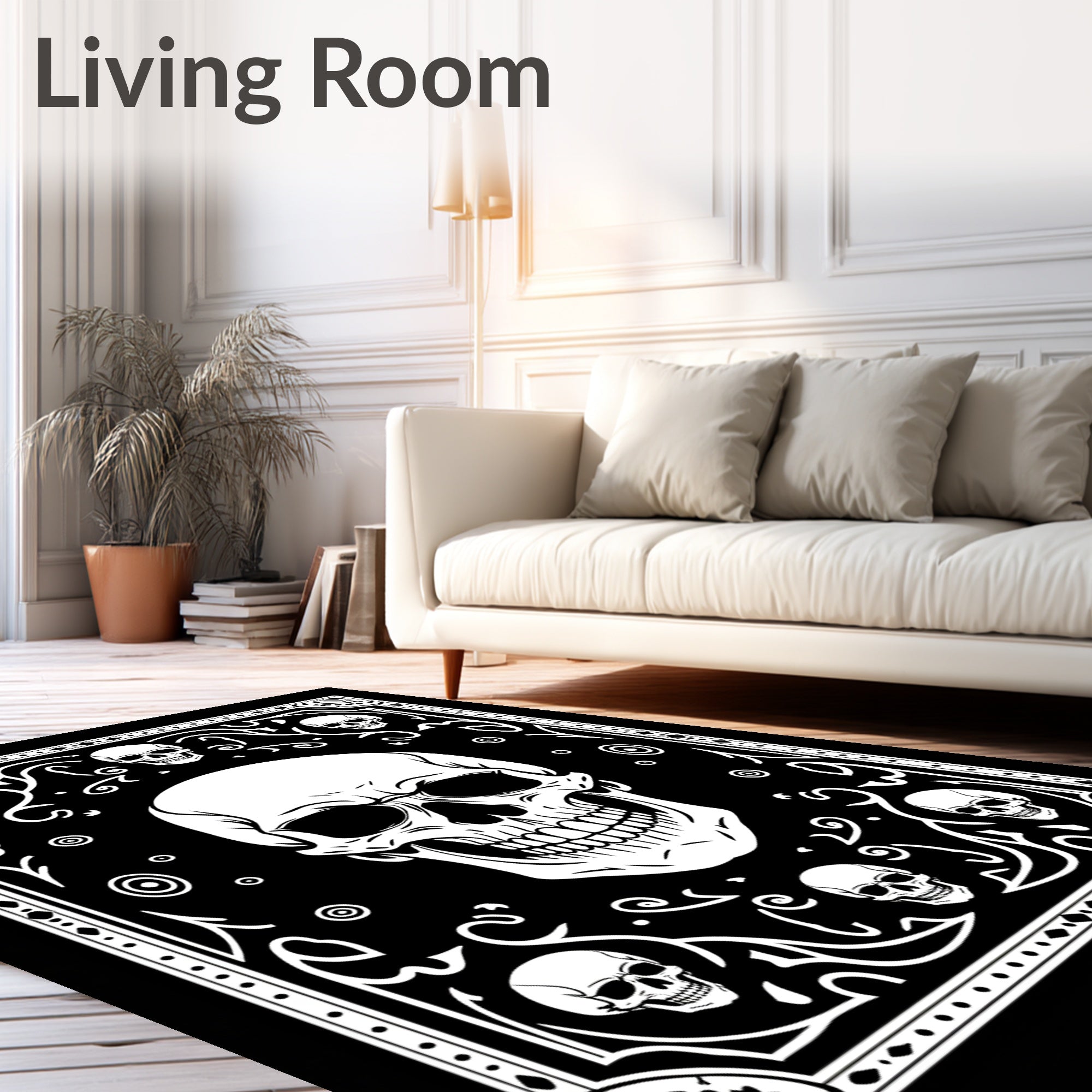 Gothic Skull Patterned Black White Rug