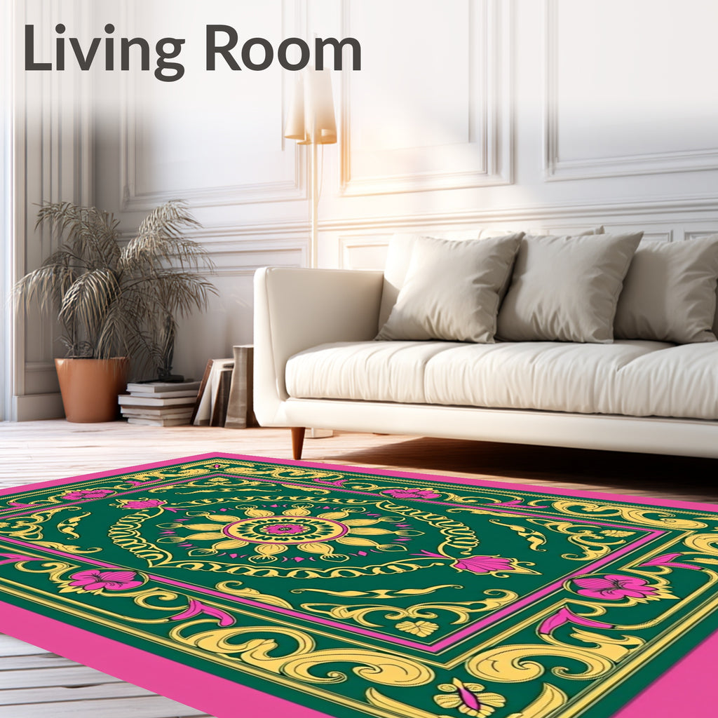 Ornate Floral Medallion Green Rug