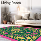 Ornate Floral Medallion Green Rug