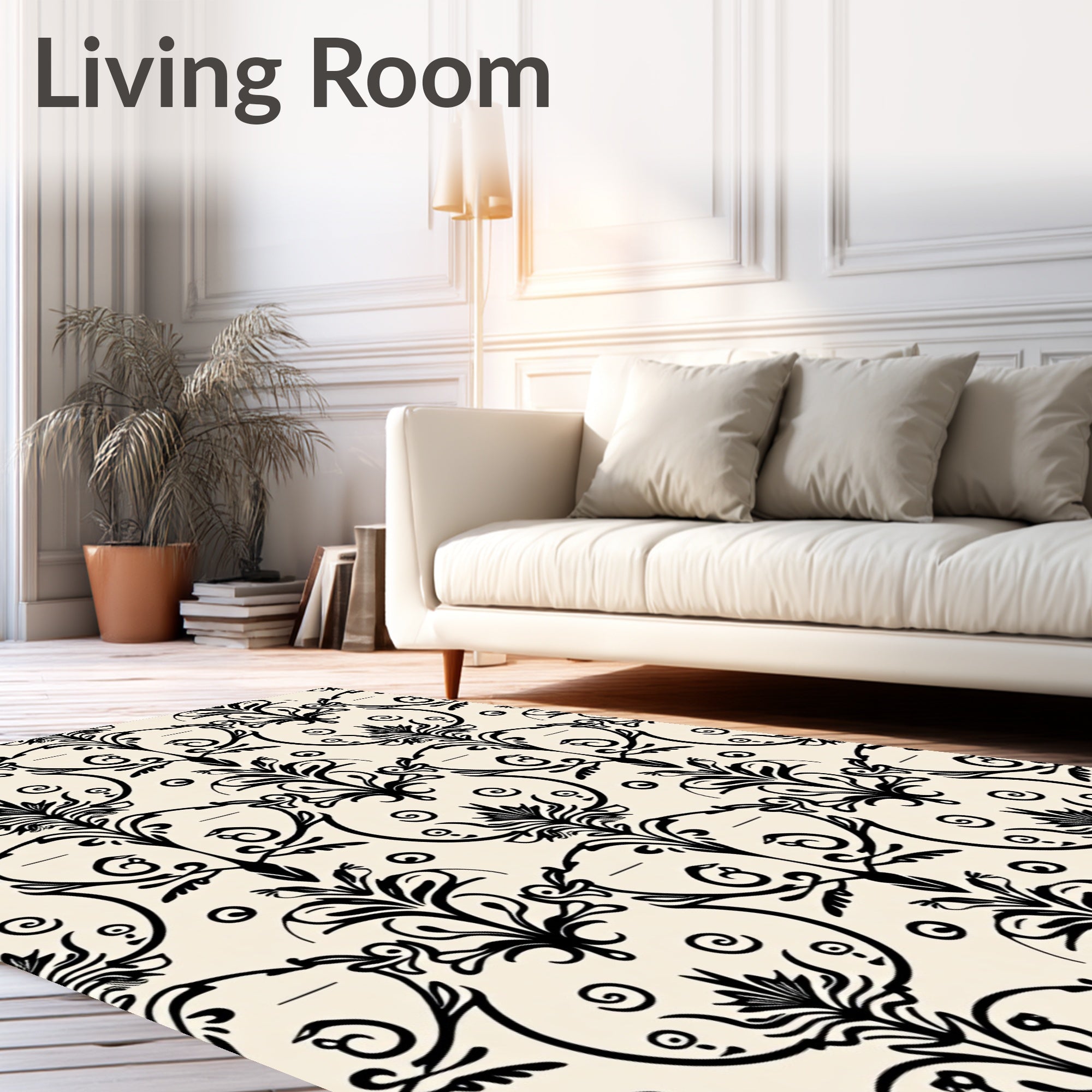 Classic Black Scrollwork Damask Pattern Rug