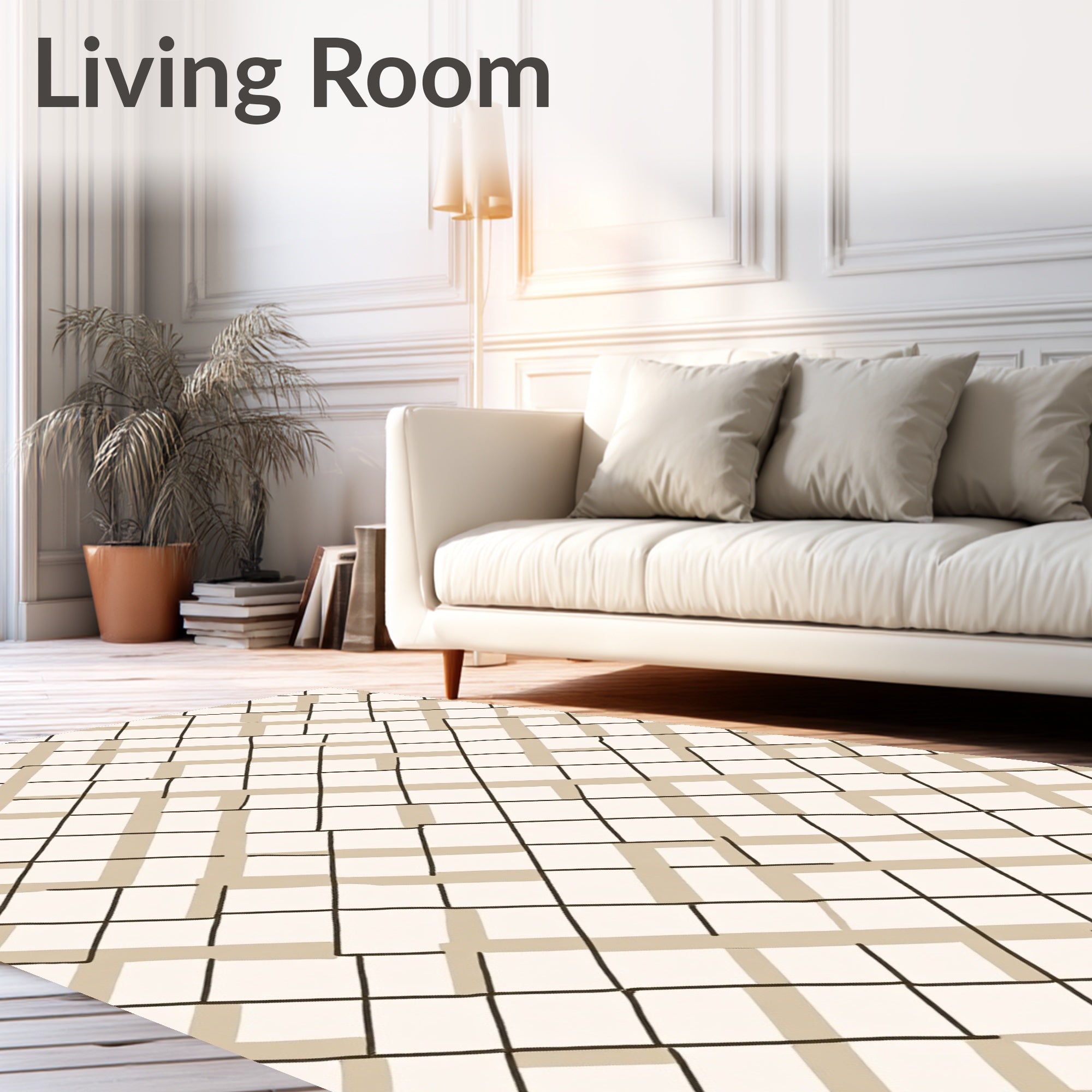 Tan Black Intersecting Grid Pattern Rug