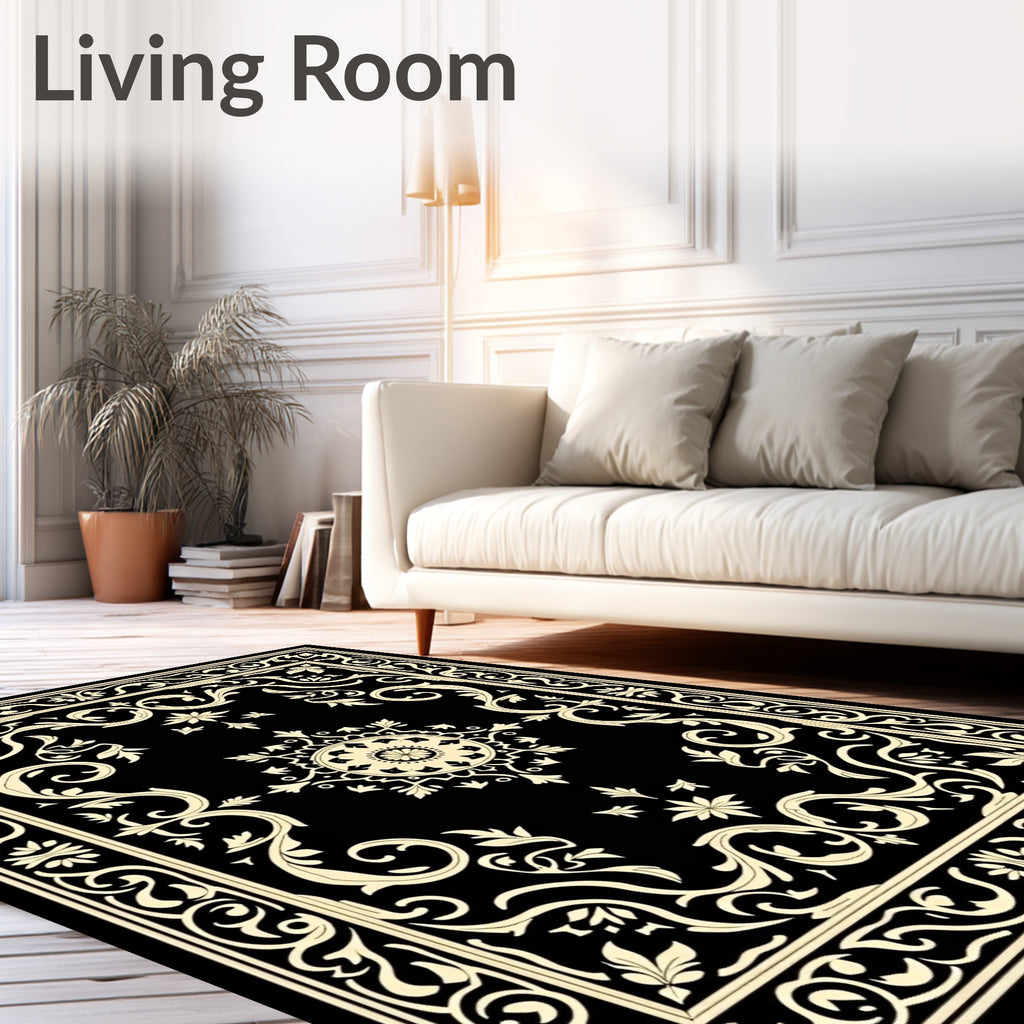 Black and Cream Floral Medallion Rug