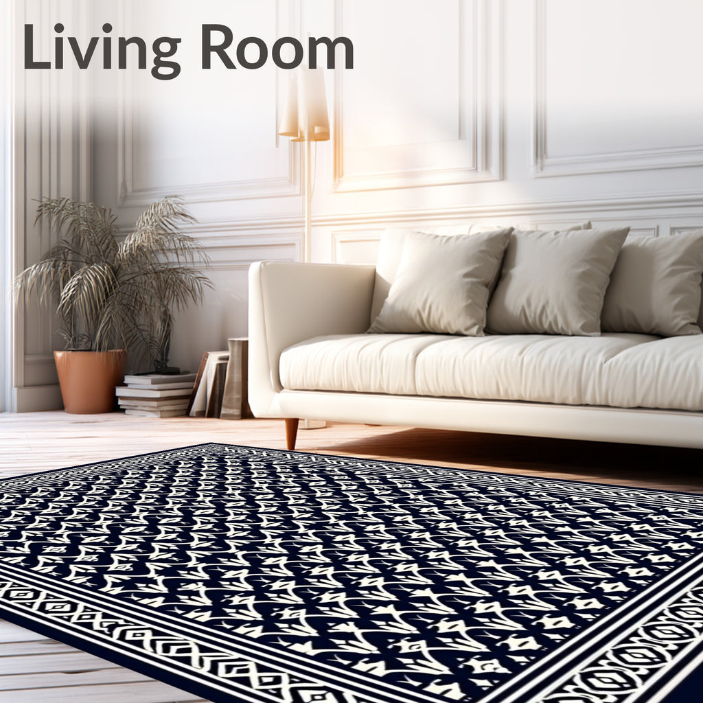 Dark White Geometric Leaf Pattern Rug