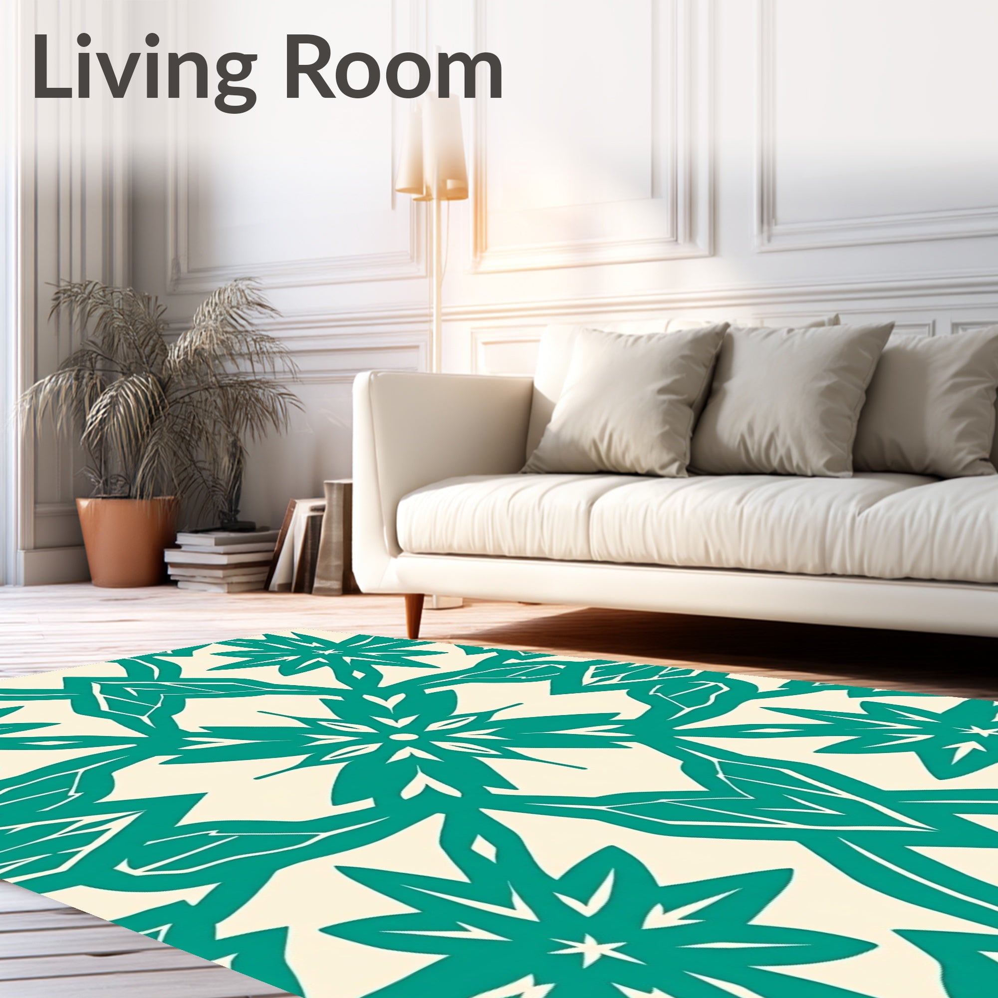 Teal And Cream Geometric Floral Pattern Rug