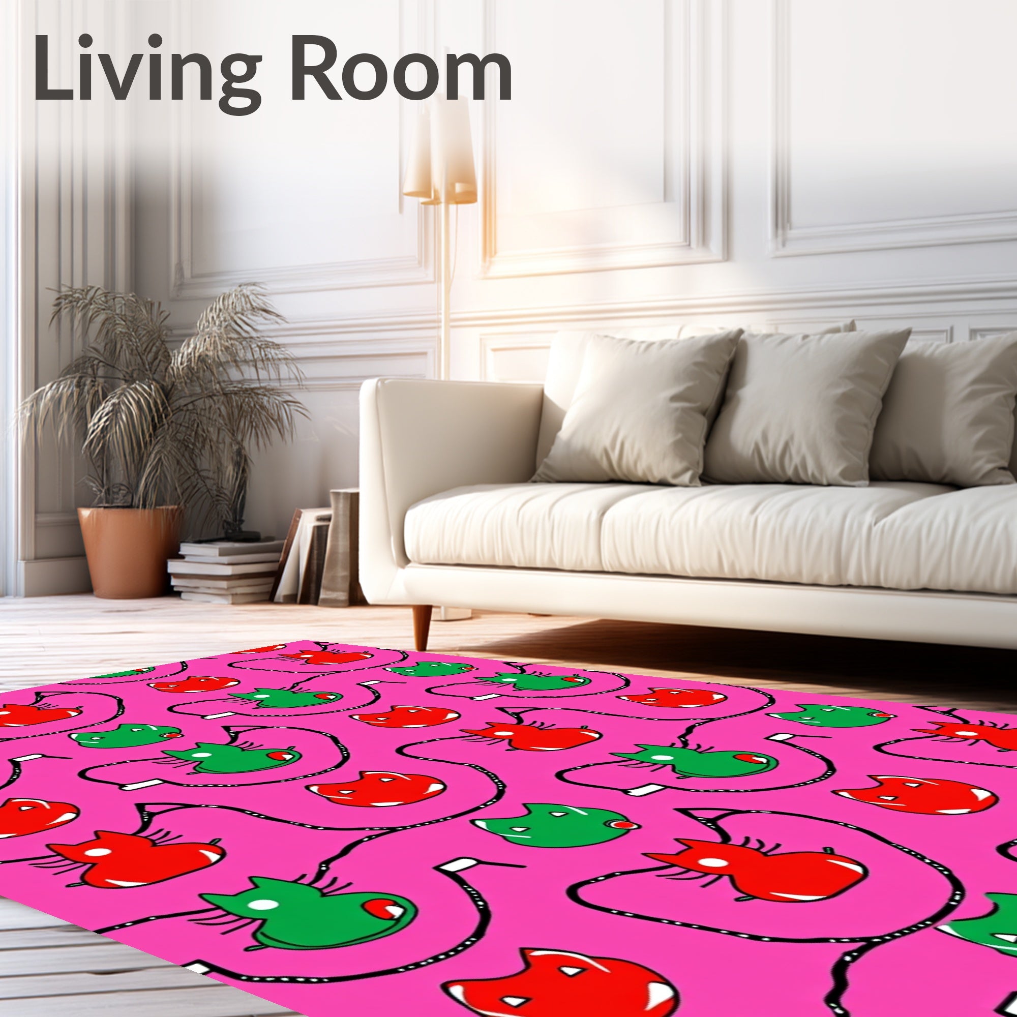 Playful Red Green Cat Pattern Rug