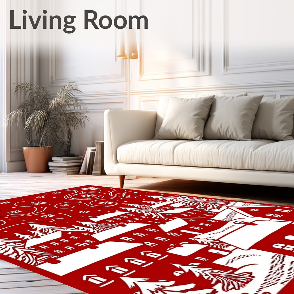Whimsical Snowy Village Winter Scene Rug