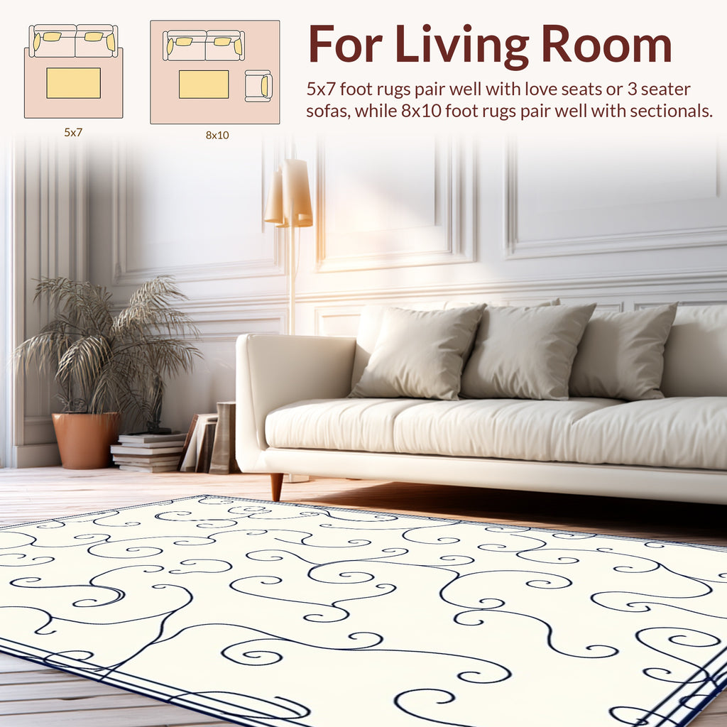Vine Swirl Patterned Cream Navy Rug
