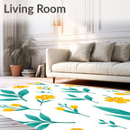Yellow Floral Teal Leaf Pattern Rug