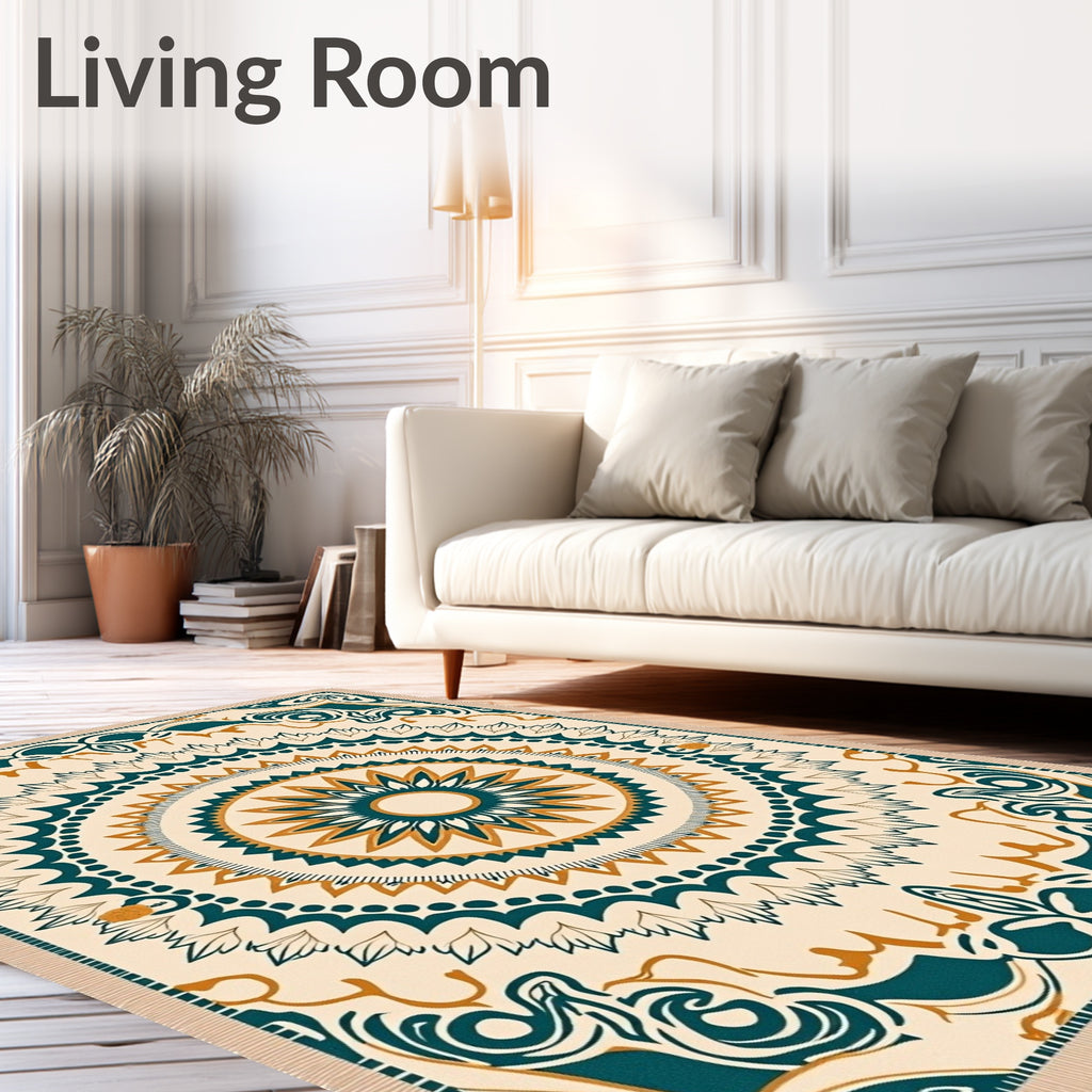 Teal Ochre Sunburst Mandala Rug