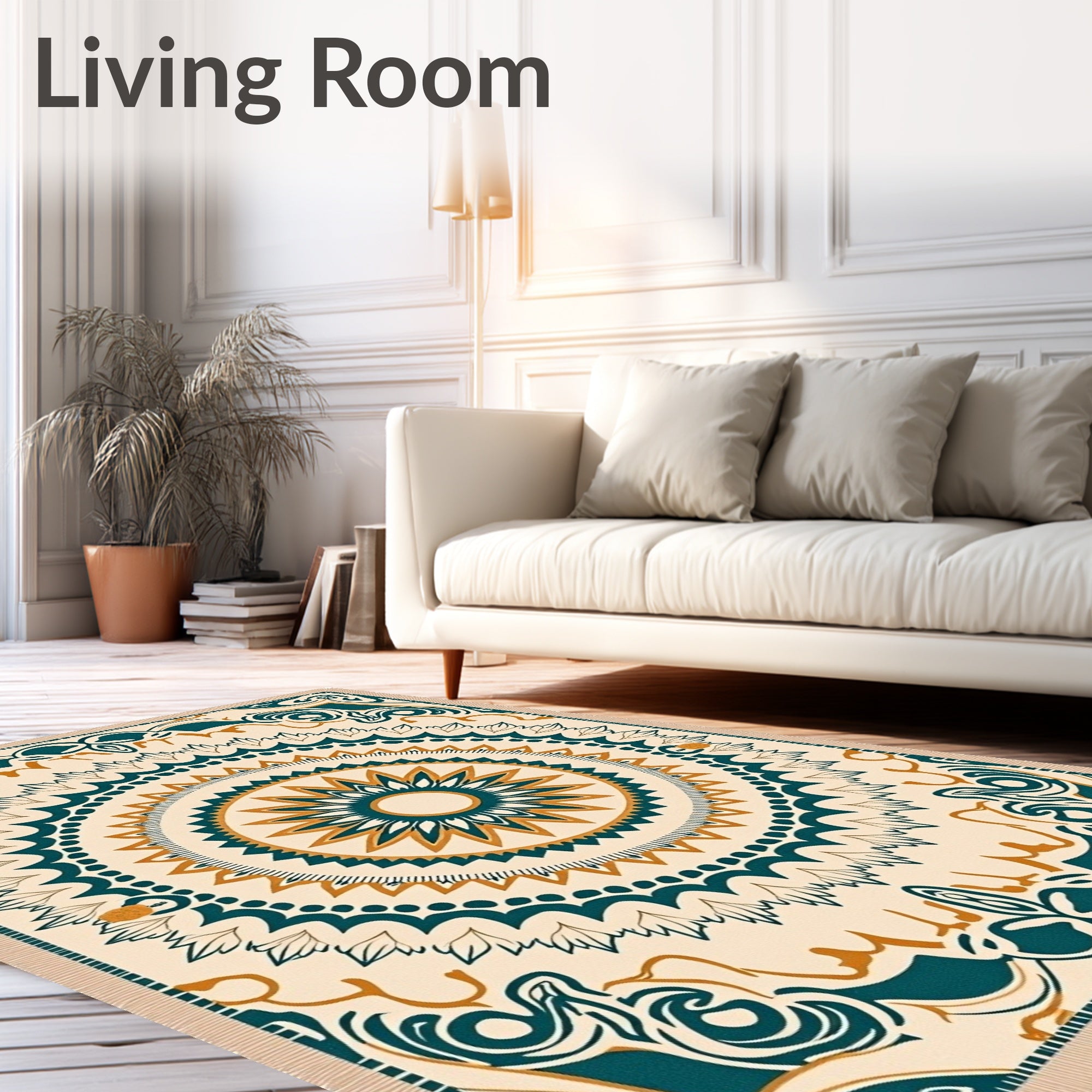 Teal Ochre Sunburst Mandala Rug