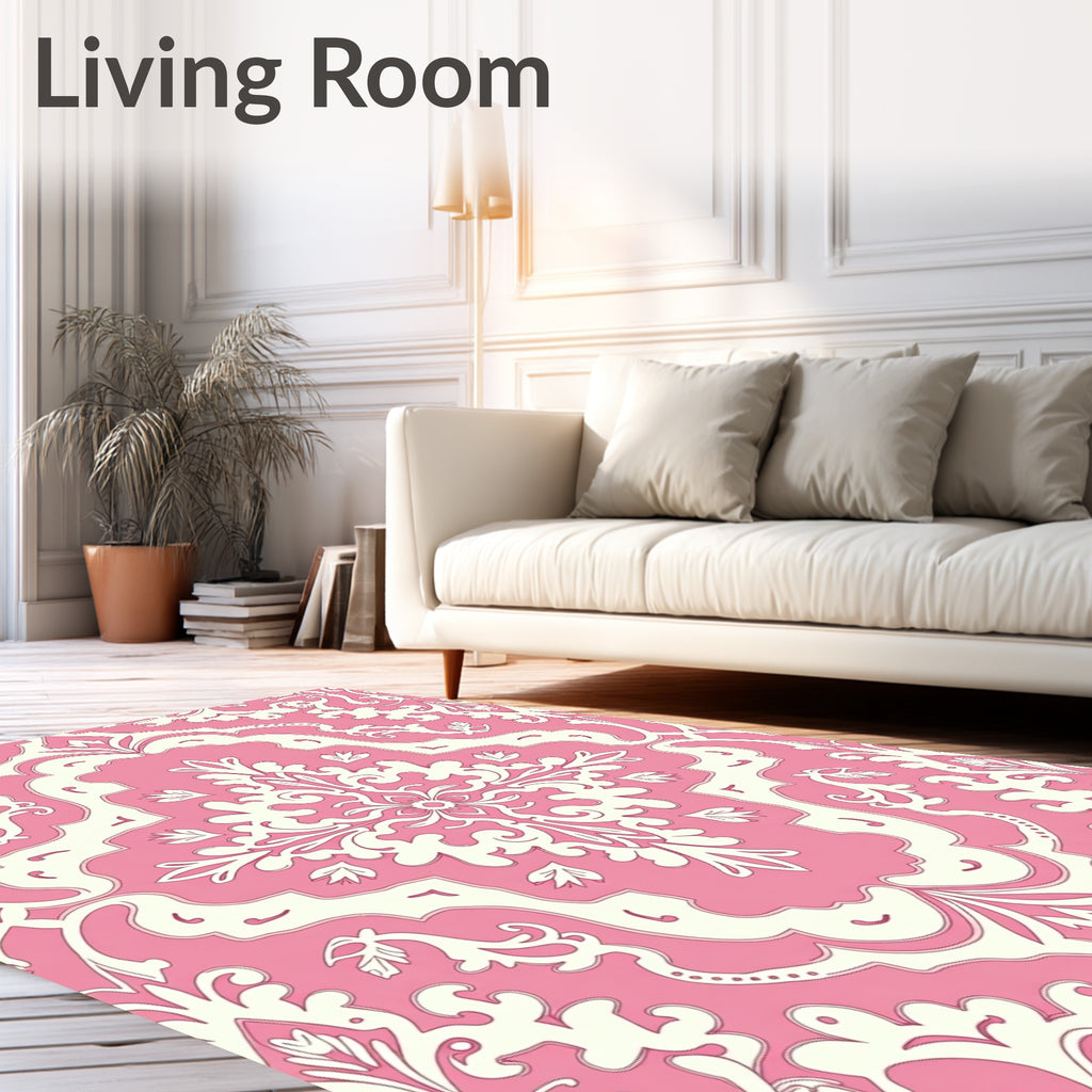 Pink Floral Damask Patterned Overlay Rug