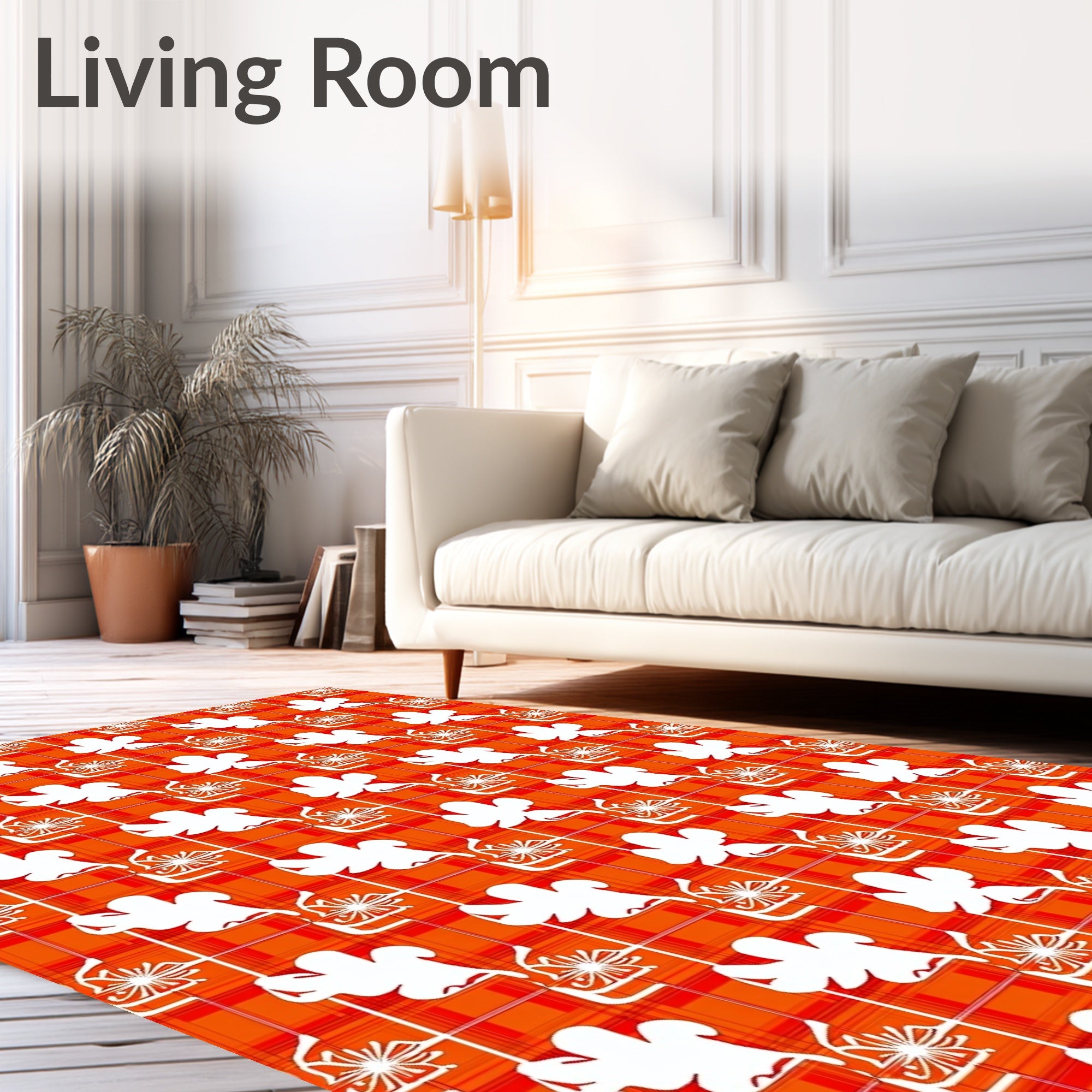 Bold Orange Red Plaid Floral Design Rug
