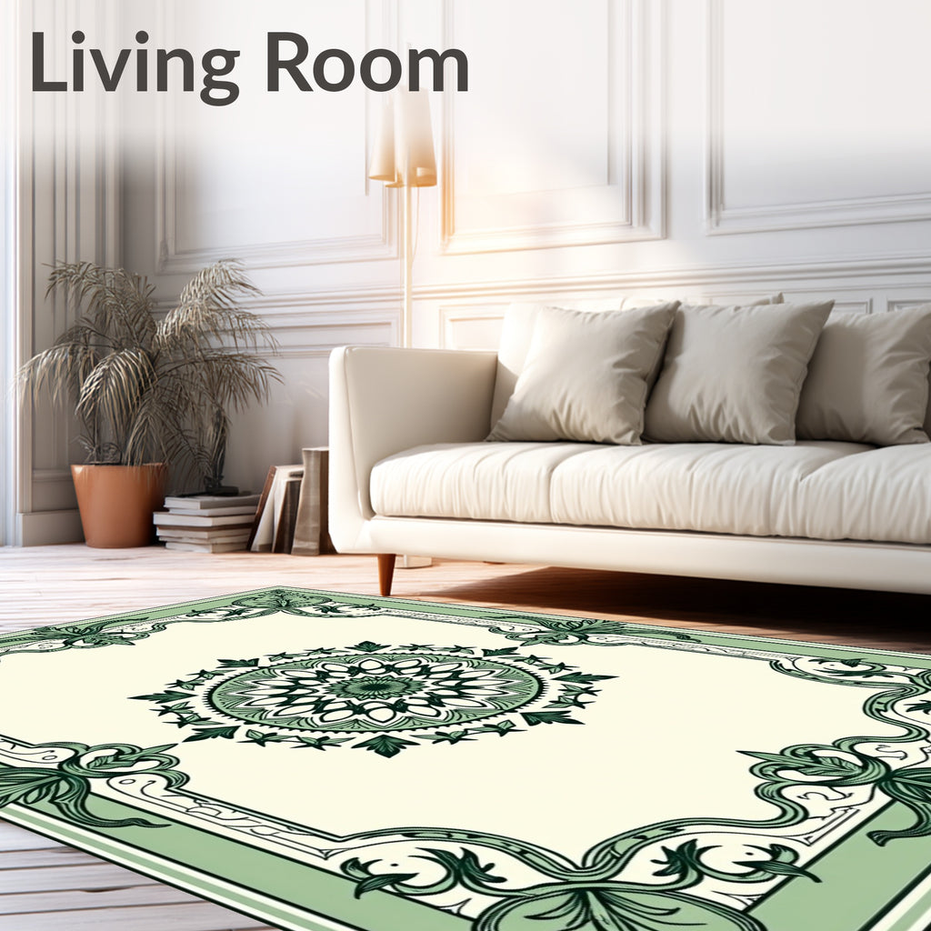 Ornate Green Floral Mandala Frame Rug