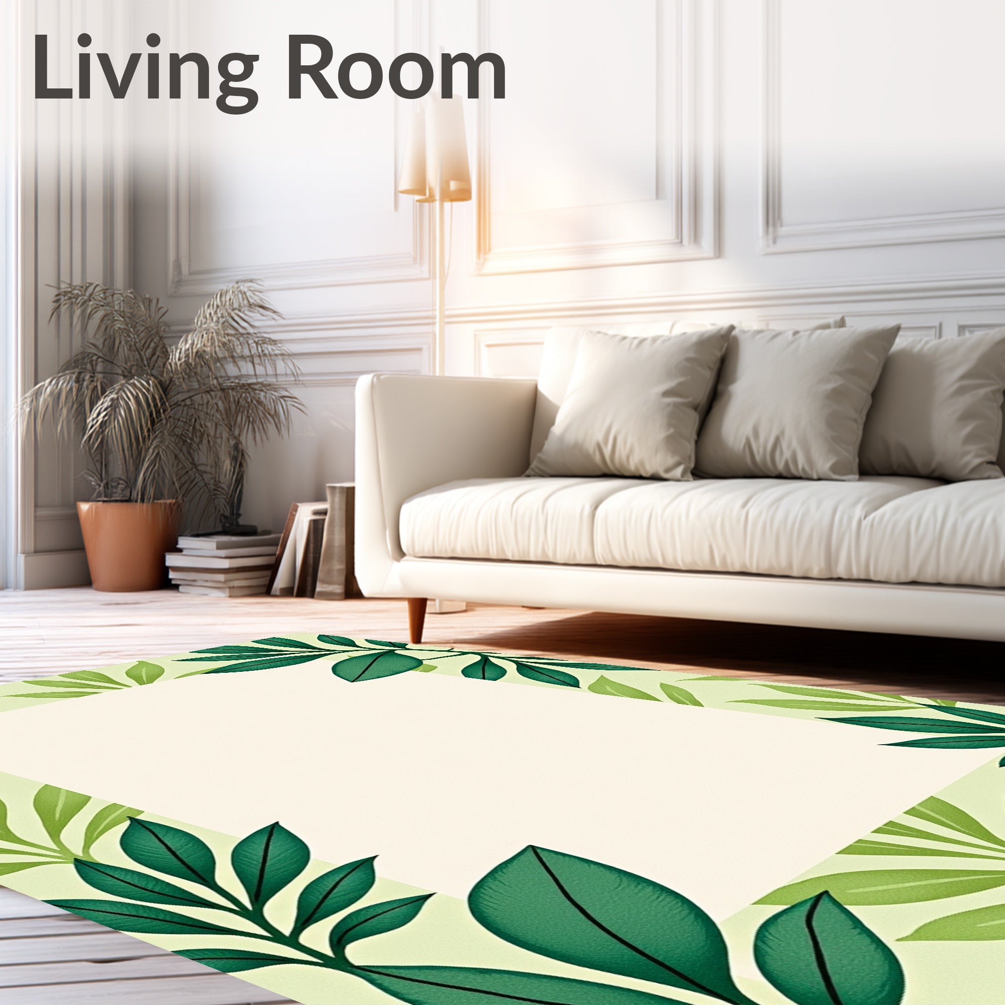 Green Leaf Patterned Contemporary Rug
