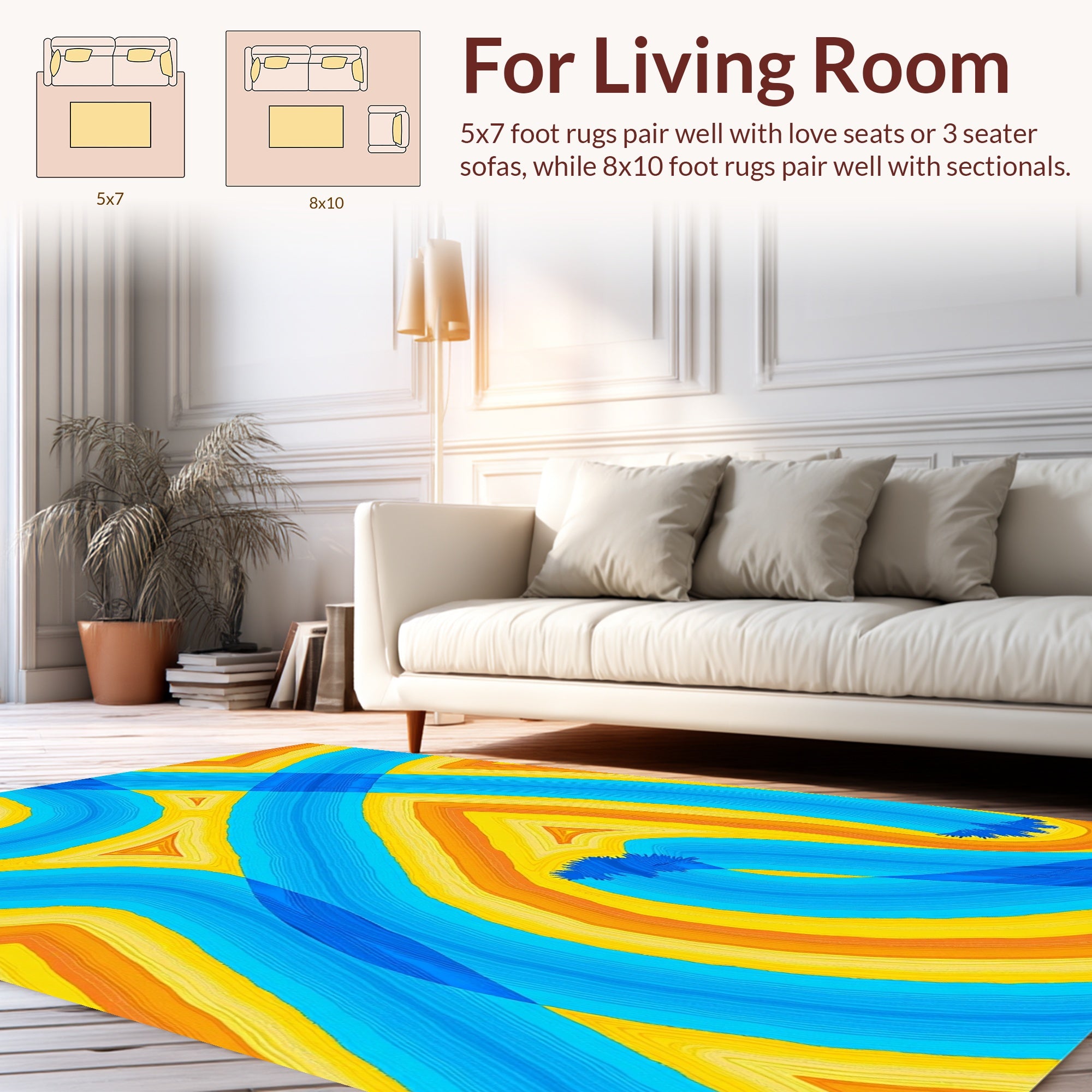 Abstract Swirls Blue Yellow Orange Design Rug