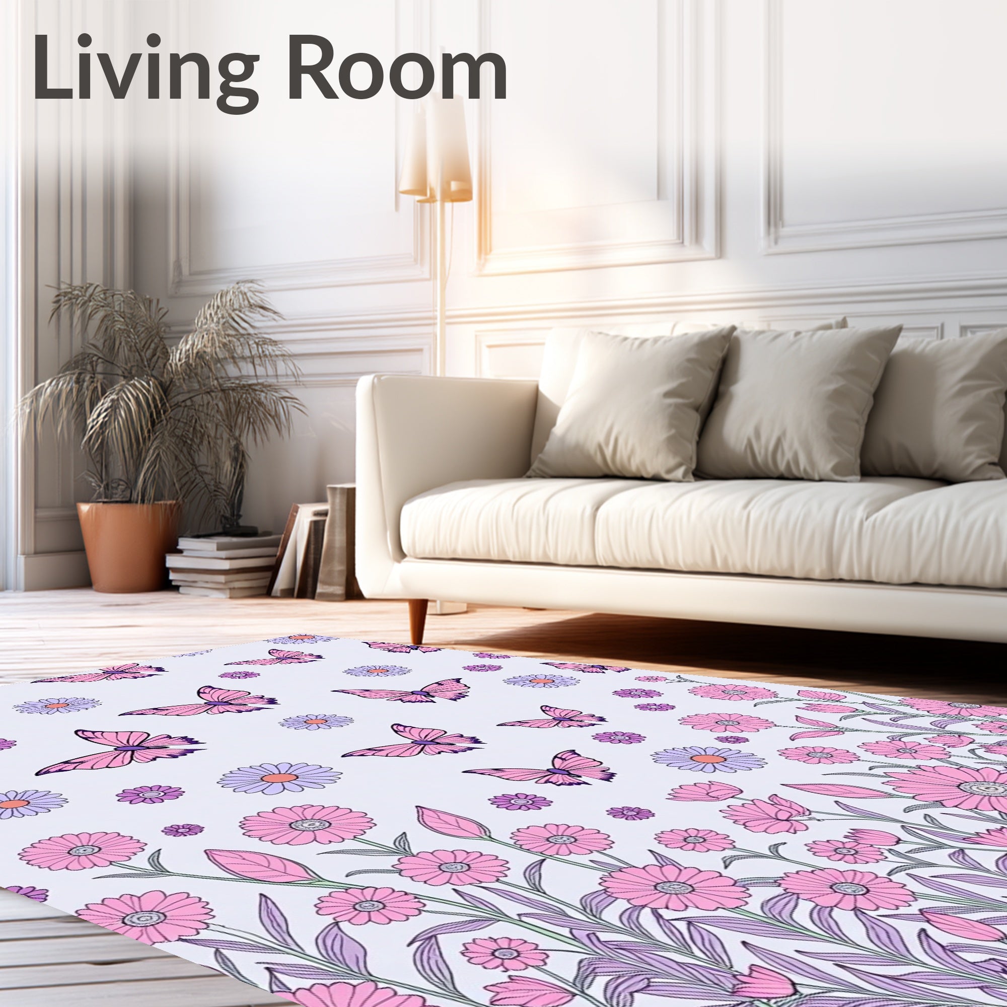 Pink Butterflies Daisy Garden Pattern Rug