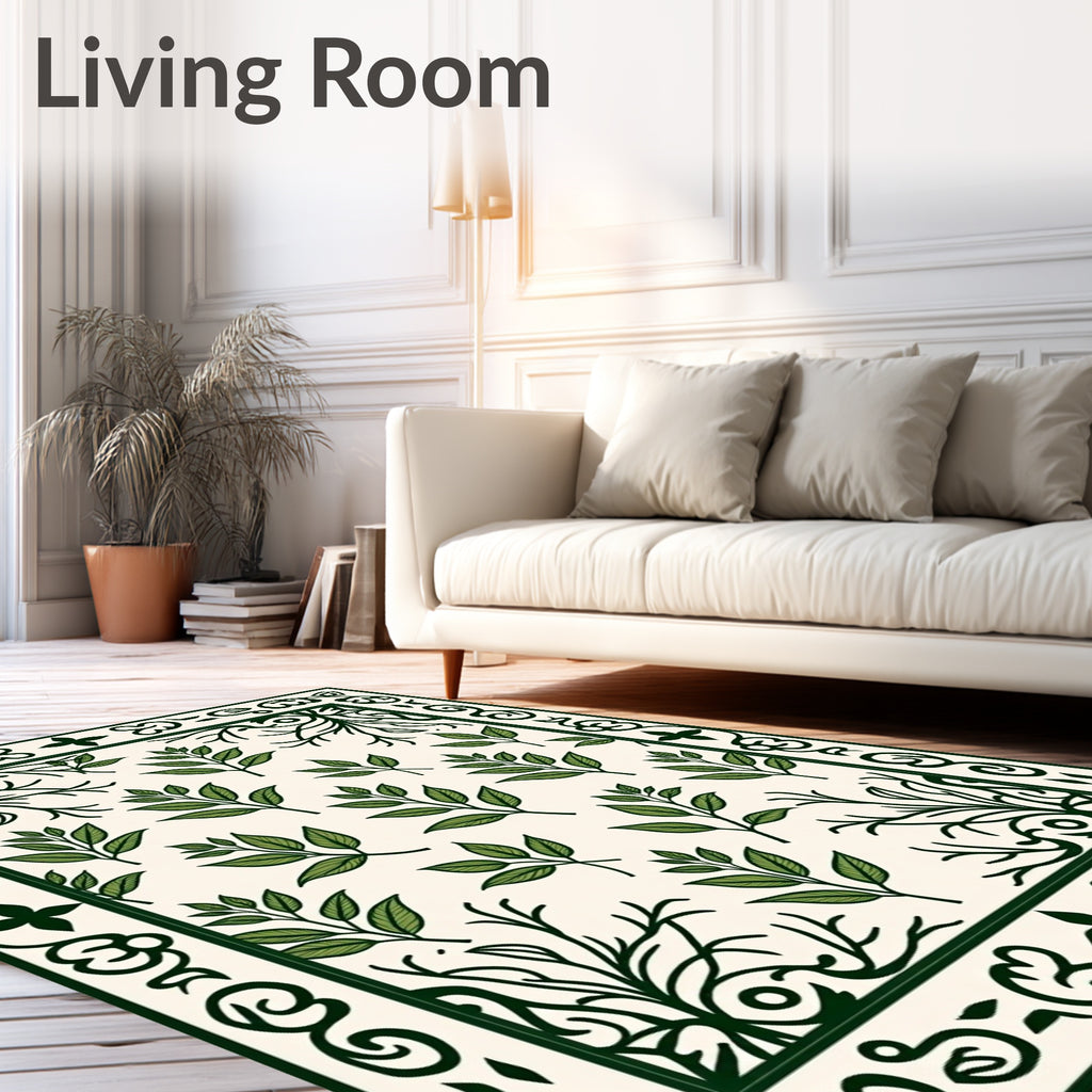 Green Leafy Border Pattern Rug