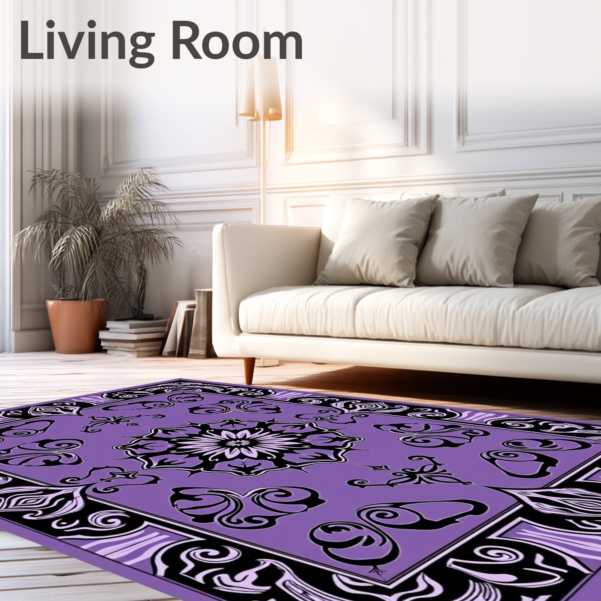 Bold Lilac Black Floral Mandala Rug