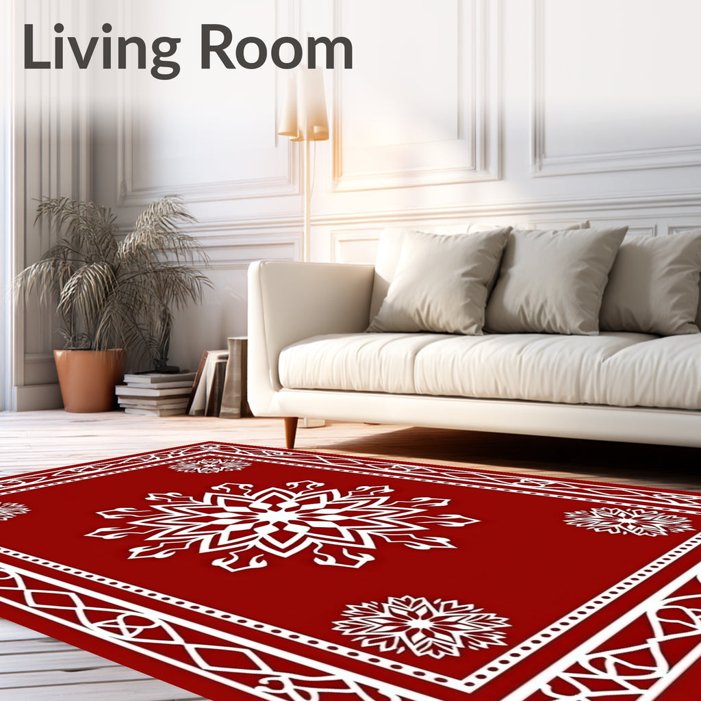 Red Snowflake Patterned Traditional Rug