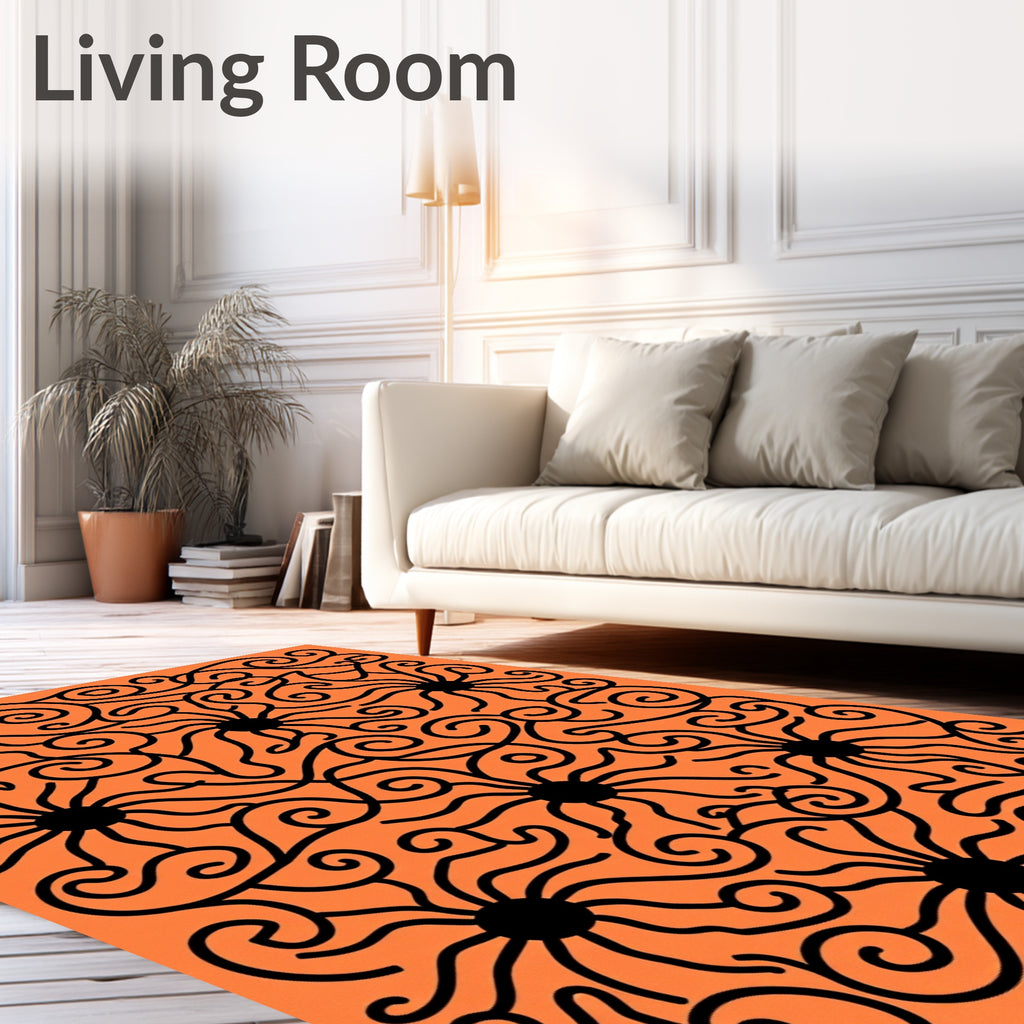 Orange Black Swirling Flower Pattern Rug
