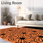 Orange Black Swirling Flower Pattern Rug