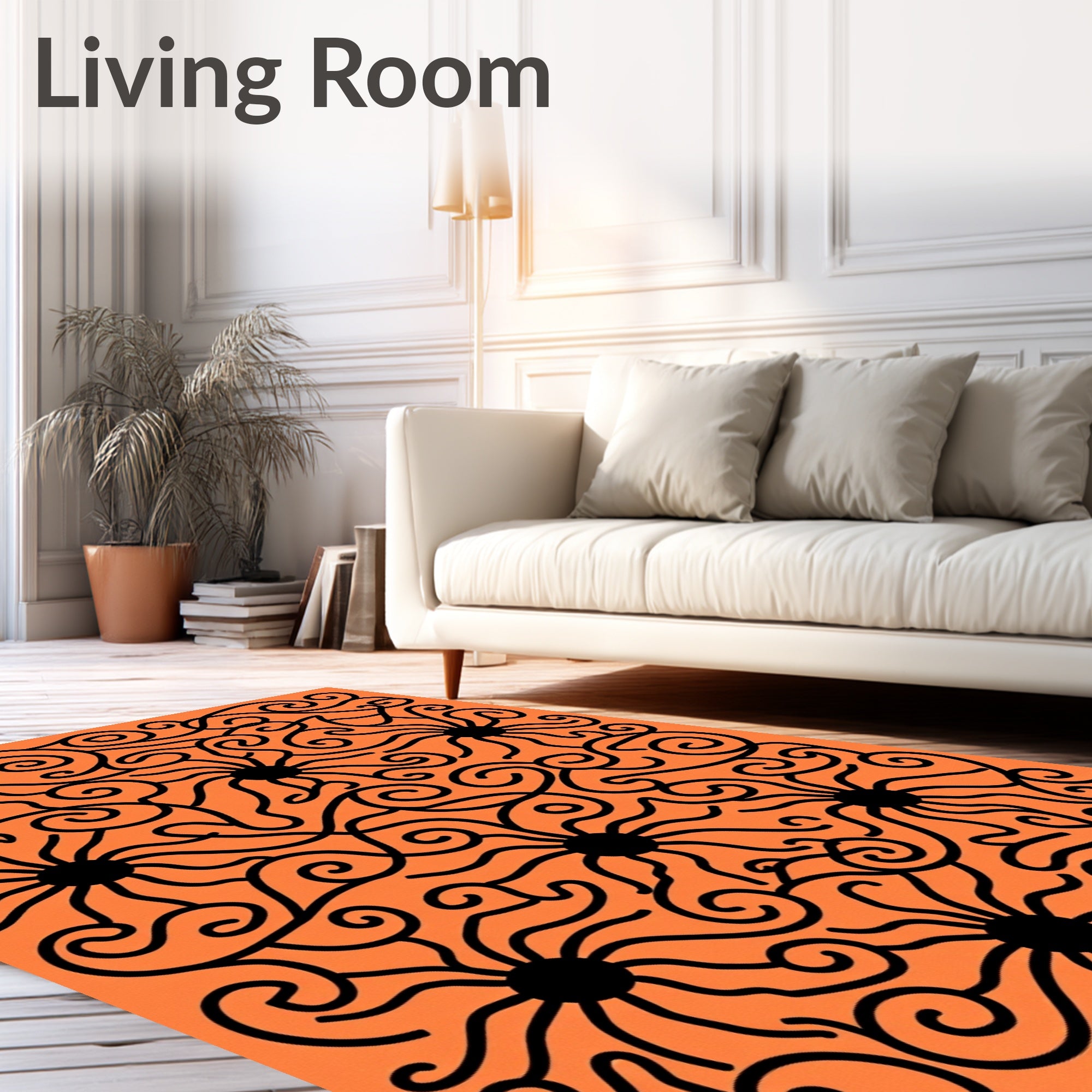 Orange Black Swirling Flower Pattern Rug