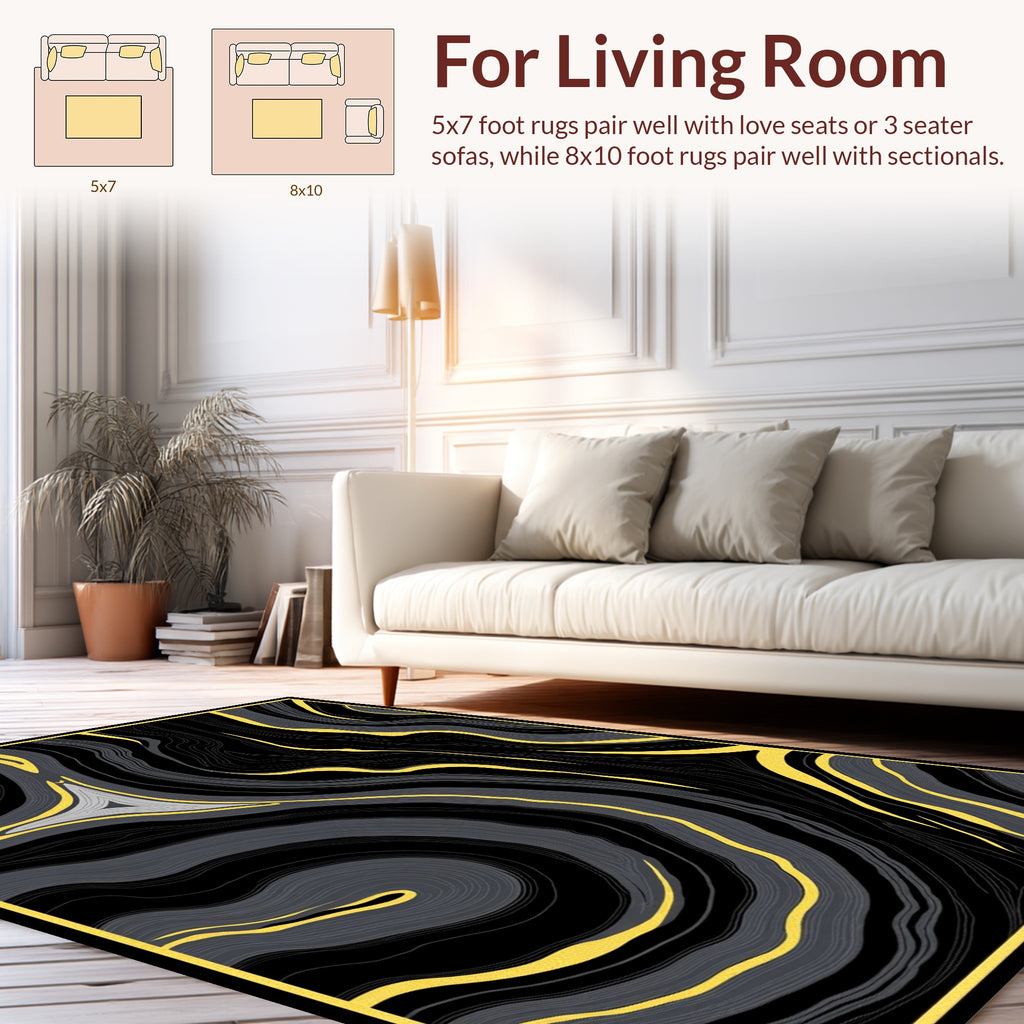 Bold Black Yellow Swirl Agate Design Rug