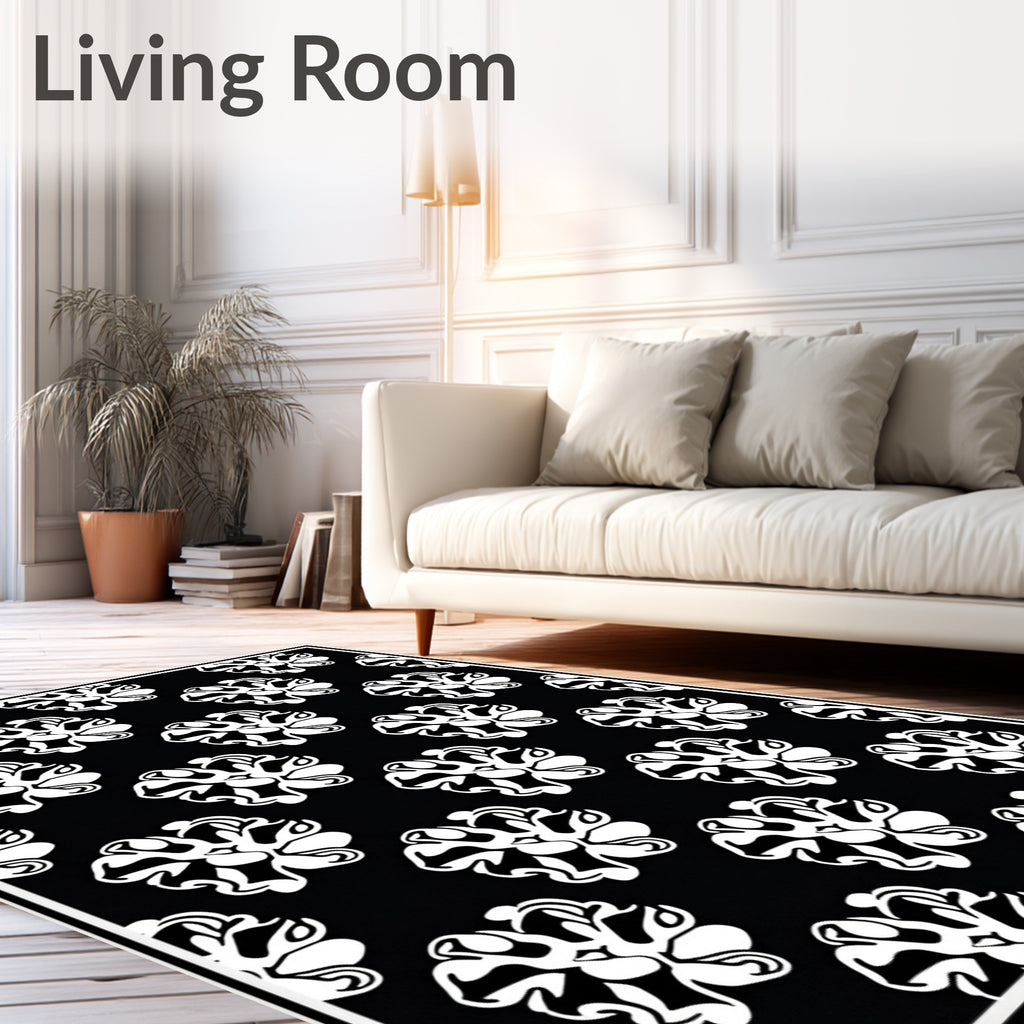 Bold Black White Floral Pattern Rug
