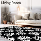 Bold Black White Floral Pattern Rug